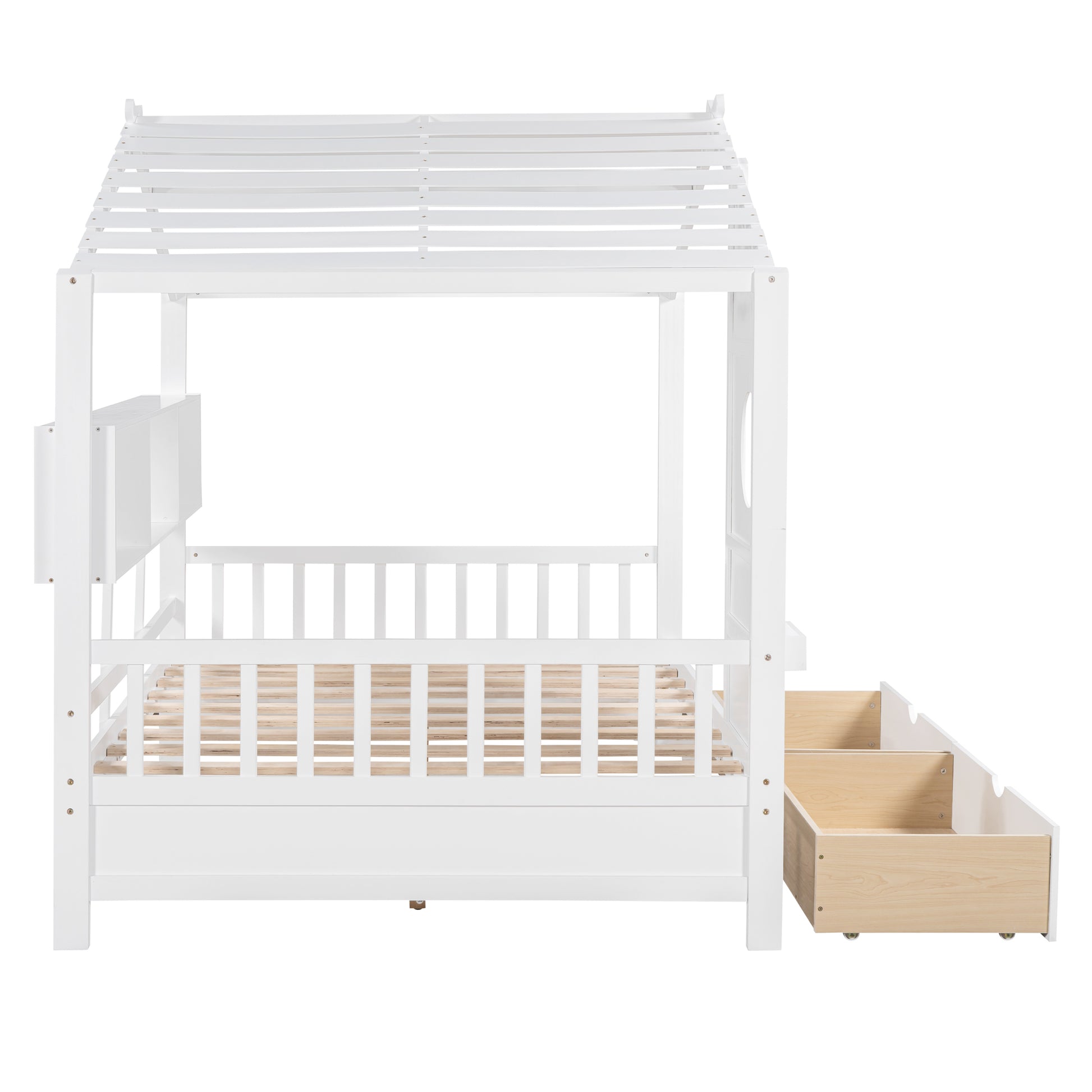 Wooden Full Size House Bed With 2 Drawers,Kids Bed With Storage Shelf, White Full White Solid Wood