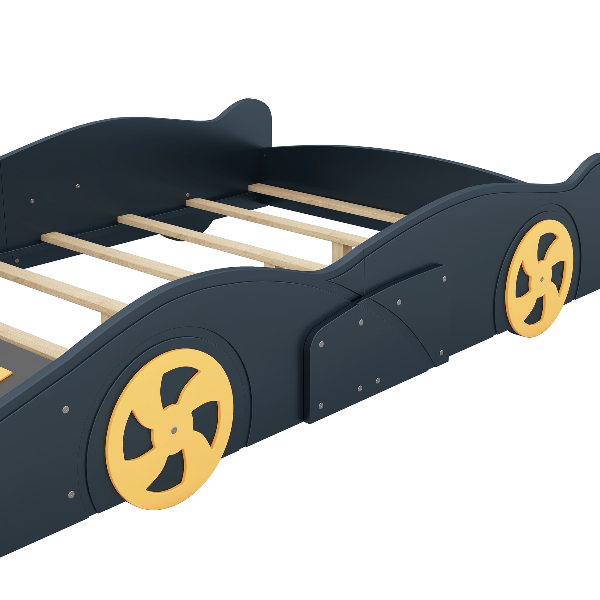 Full Size Race Car Shaped Platform Bed With Wheels And Storage, Dark Blue Yellow Box Spring Not Required Full Dark Blue Wood Bedroom Bed Frame Solid Wood Mdf