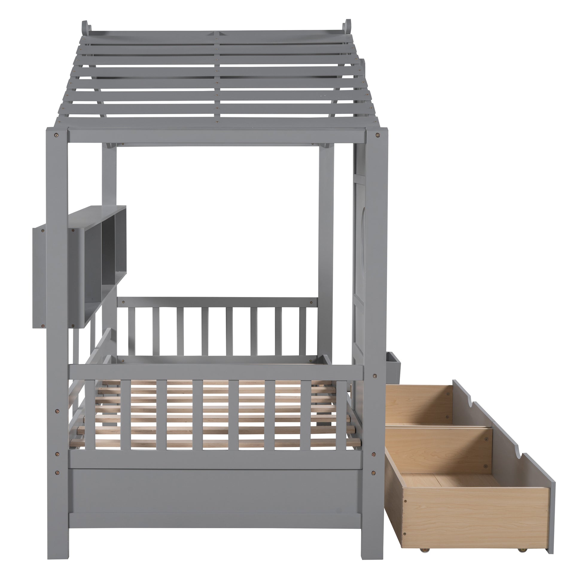 Wooden Twin Size House Bed With 2 Drawers,Kids Bed With Storage Shelf, Gray Twin Gray Solid Wood