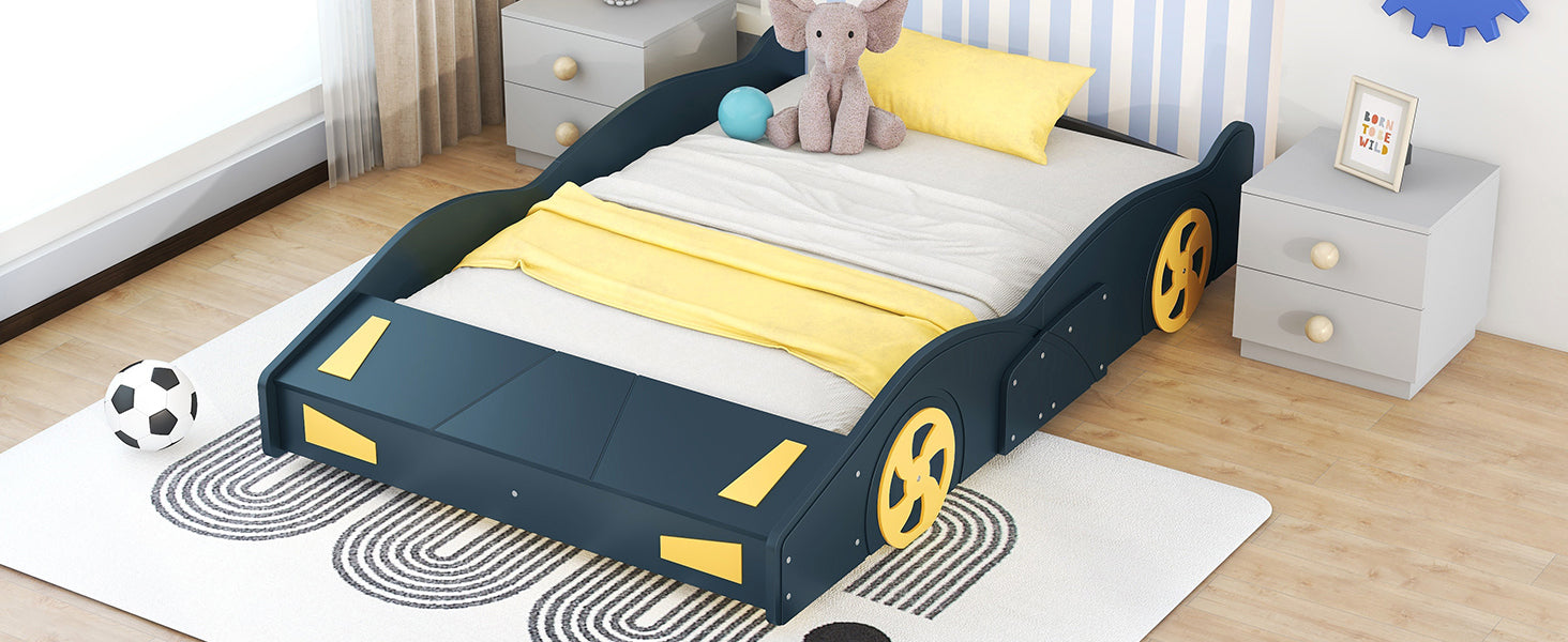 Full Size Race Car Shaped Platform Bed With Wheels And Storage, Dark Blue Yellow Box Spring Not Required Full Dark Blue Wood Bedroom Bed Frame Solid Wood Mdf