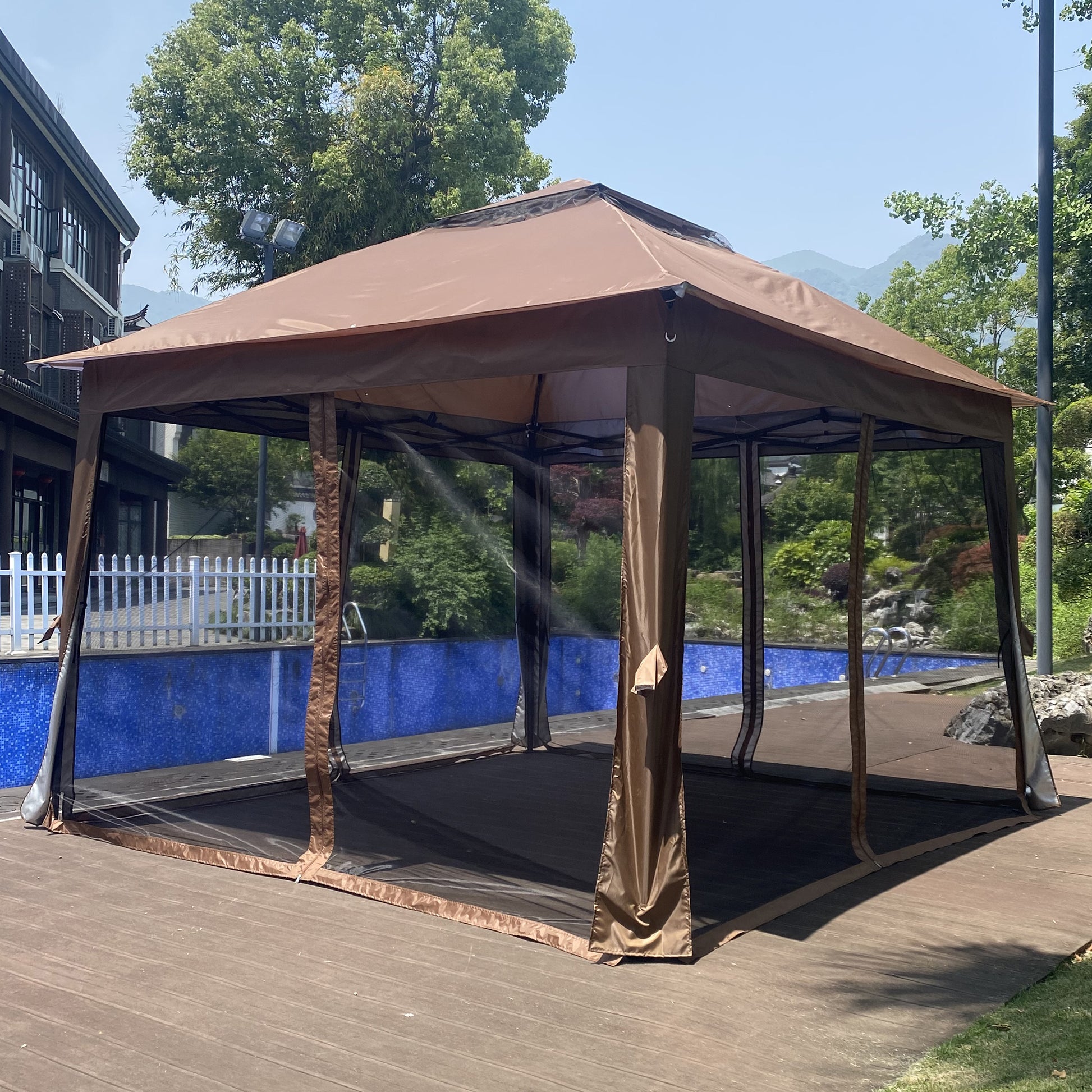 Outdoor 11X 11Ft Pop Up Gazebo Canopy With Removable Zipper Netting,2 Tier Soft Top Event Tent,Suitable For Patio Backyard Garden Camping Area With 4 Sandbags,Brown Brown Metal