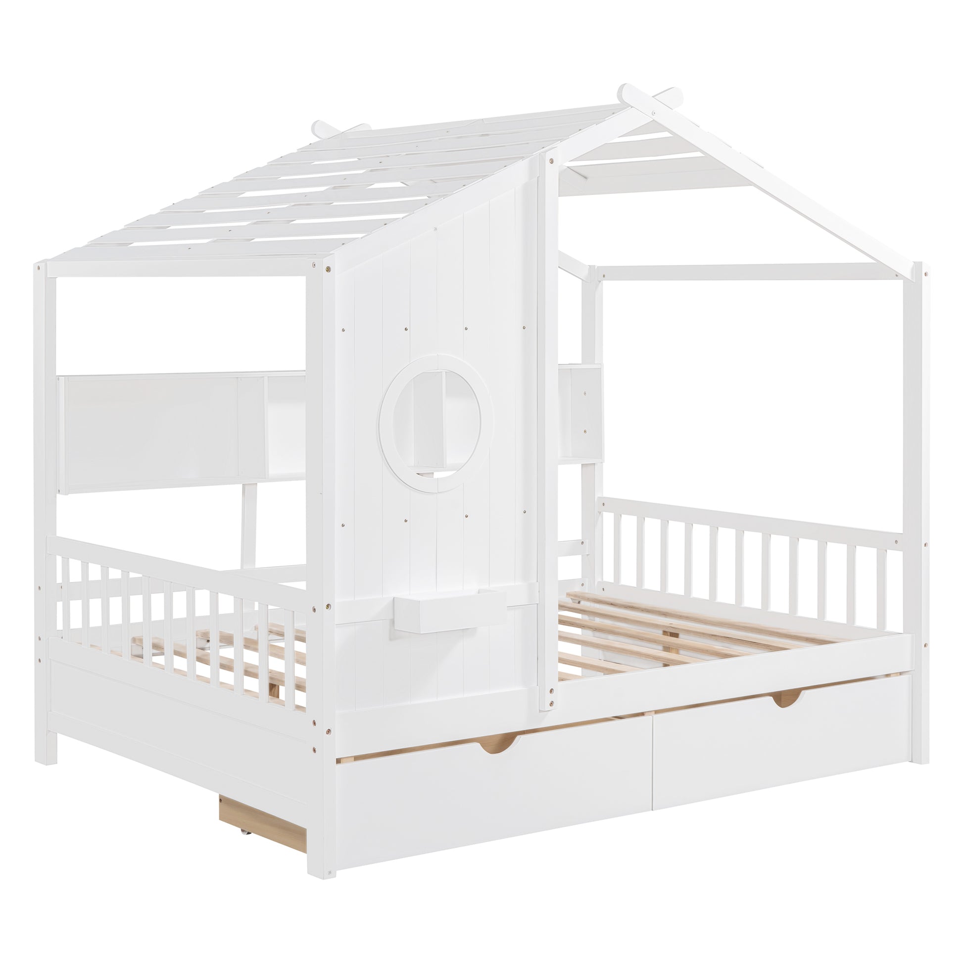 Wooden Full Size House Bed With 2 Drawers,Kids Bed With Storage Shelf, White Full White Solid Wood