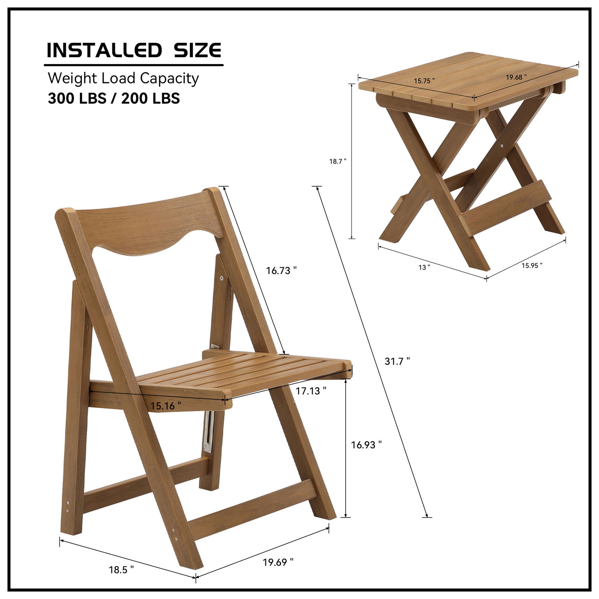 Hips Material Outdoor Bistro Set Foldable Small Table And Chair Set With 2 Chairs And Rectangular Table, Teak Teak Hdpe