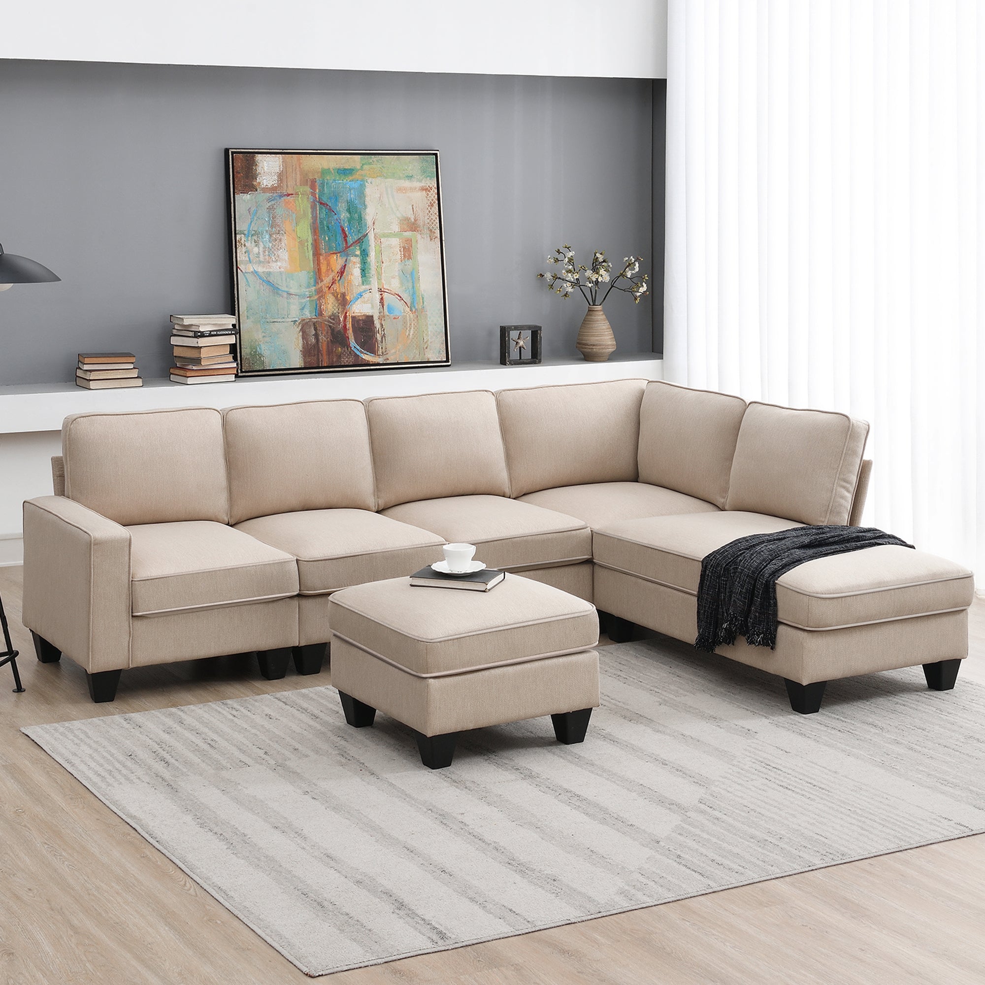 104.3*78.7" Modern L Shaped Sectional Sofa,7 Seat Linen Fabric Couch Set With Chaise Lounge And Convertible Ottoman For Living Room,Apartment,Office,3 Colors Khaki Fabric