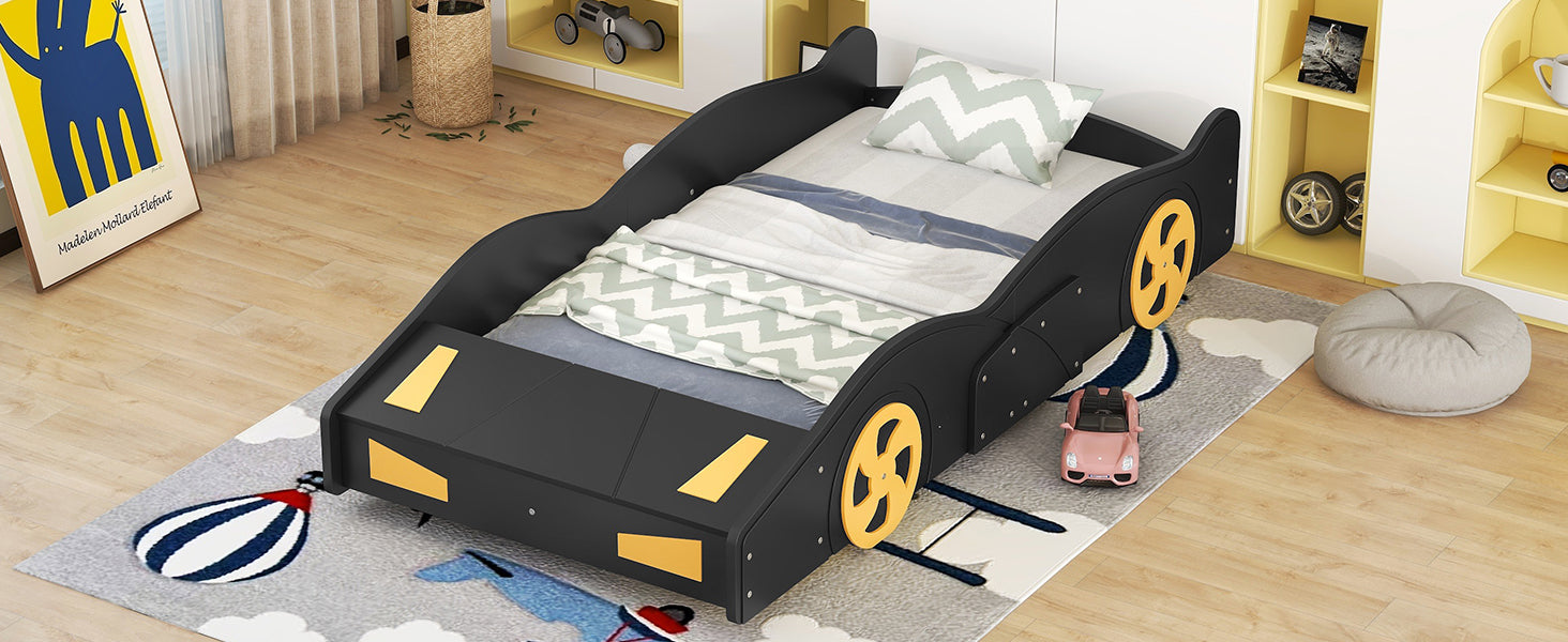 Twin Size Race Car Shaped Platform Bed With Wheels And Storage, Black Yellow Box Spring Not Required Twin Black Wood Bedroom Bed Frame Solid Wood Mdf