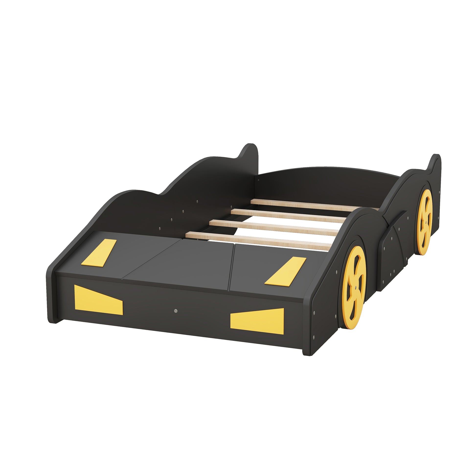 Twin Size Race Car Shaped Platform Bed With Wheels And Storage, Black Yellow Box Spring Not Required Twin Black Wood Bedroom Bed Frame Solid Wood Mdf