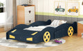 Twin Size Race Car Shaped Platform Bed With Wheels And Storage, Dark Blue Yellow Box Spring Not Required Twin Dark Blue Wood Bedroom Bed Frame Solid Wood Mdf
