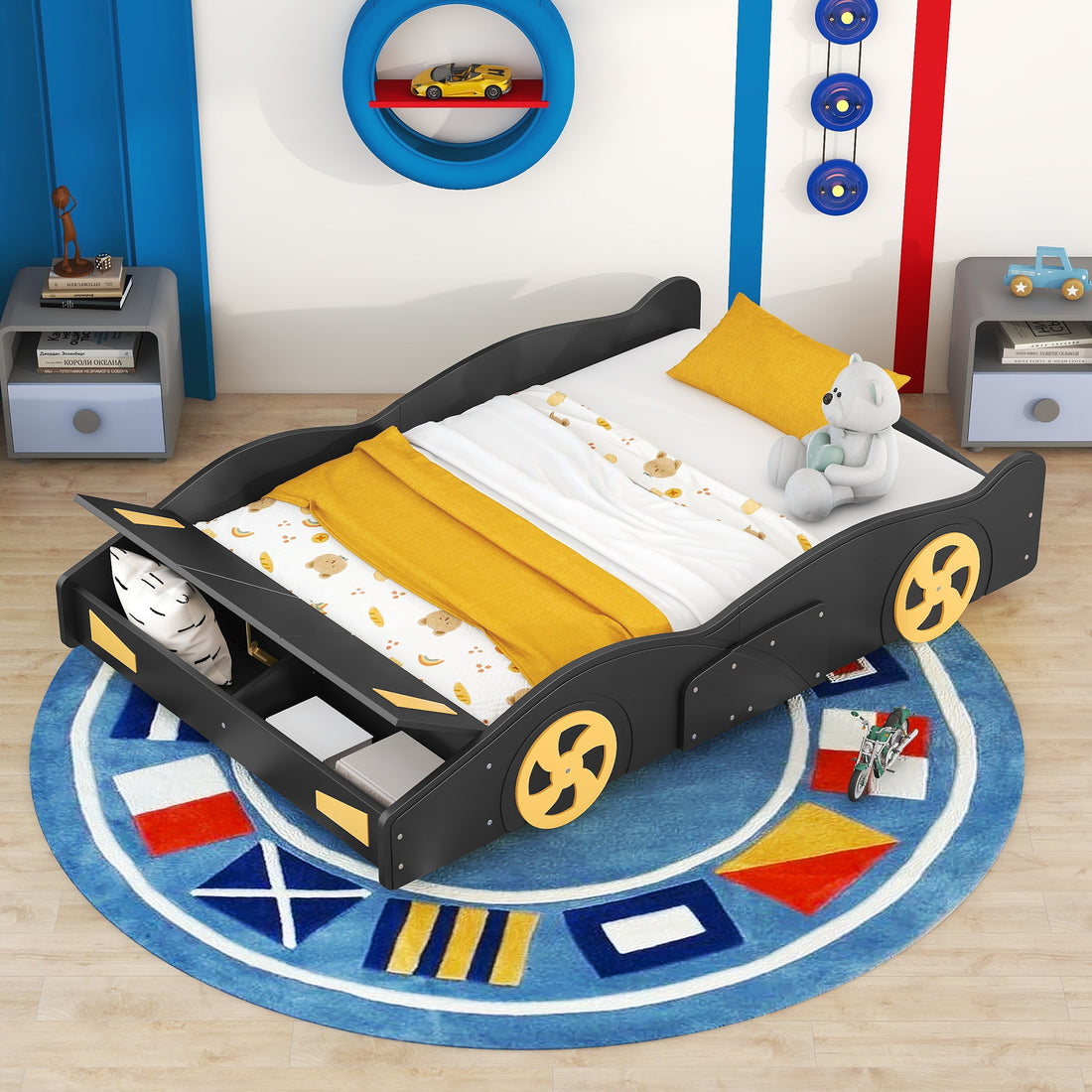 Full Size Race Car Shaped Platform Bed With Wheels And Storage, Black Yellow Box Spring Not Required Full Black Wood Bedroom Bed Frame Solid Wood Mdf