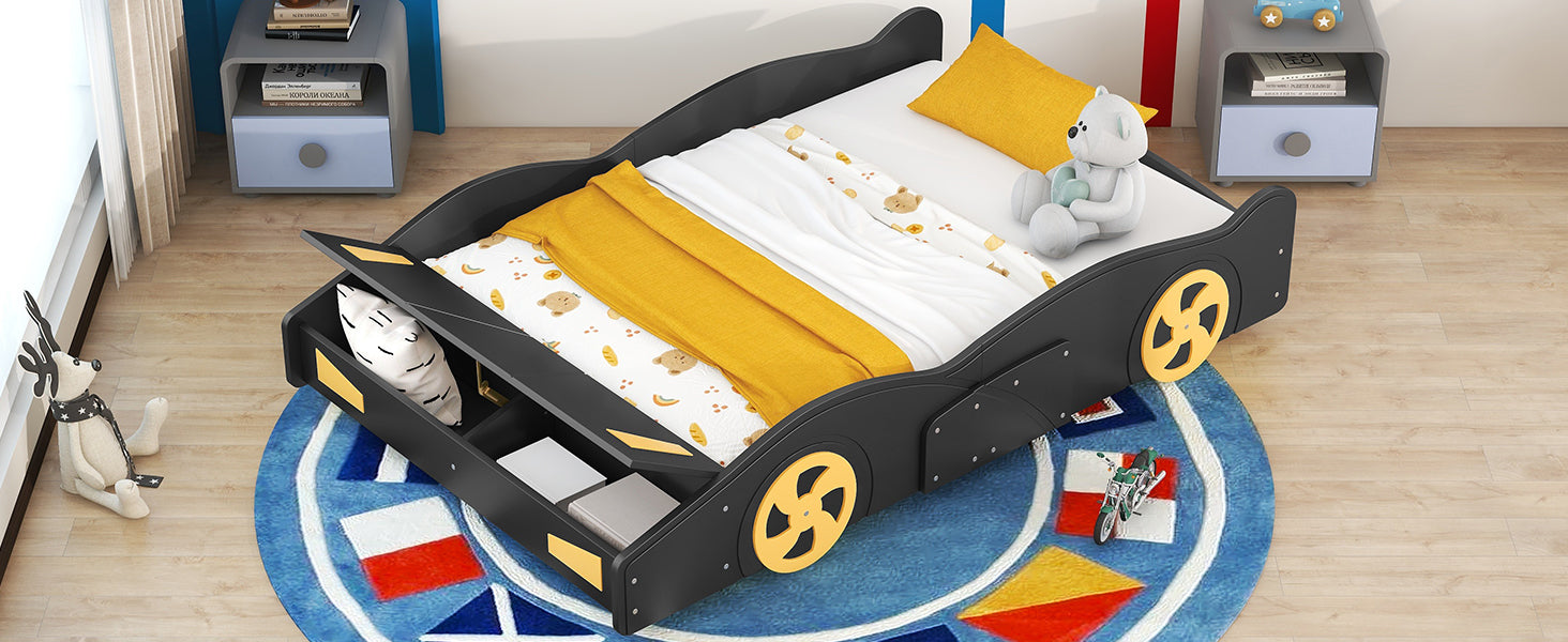Full Size Race Car Shaped Platform Bed With Wheels And Storage, Black Yellow Box Spring Not Required Full Black Wood Bedroom Bed Frame Solid Wood Mdf