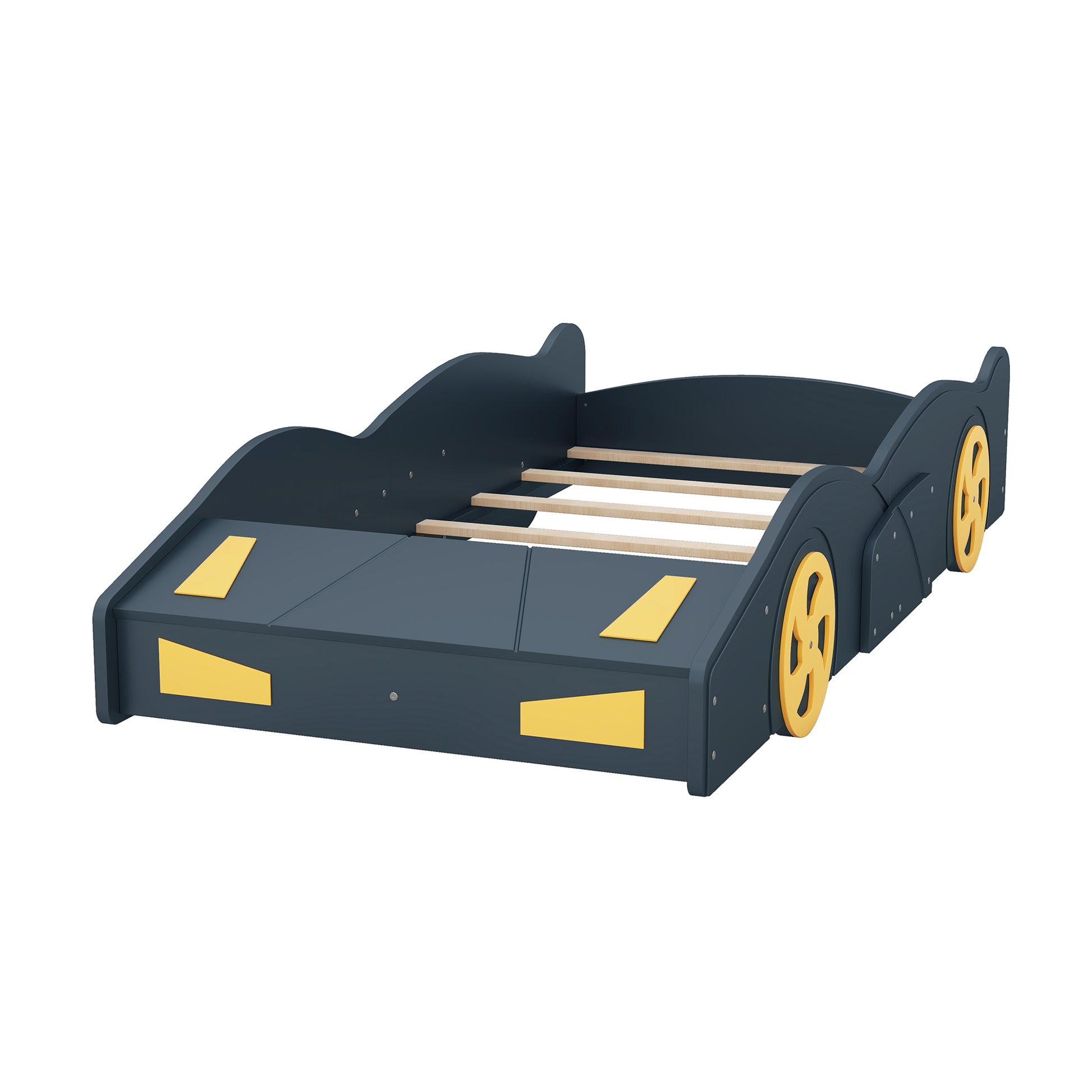Twin Size Race Car Shaped Platform Bed With Wheels And Storage, Dark Blue Yellow Box Spring Not Required Twin Dark Blue Wood Bedroom Bed Frame Solid Wood Mdf