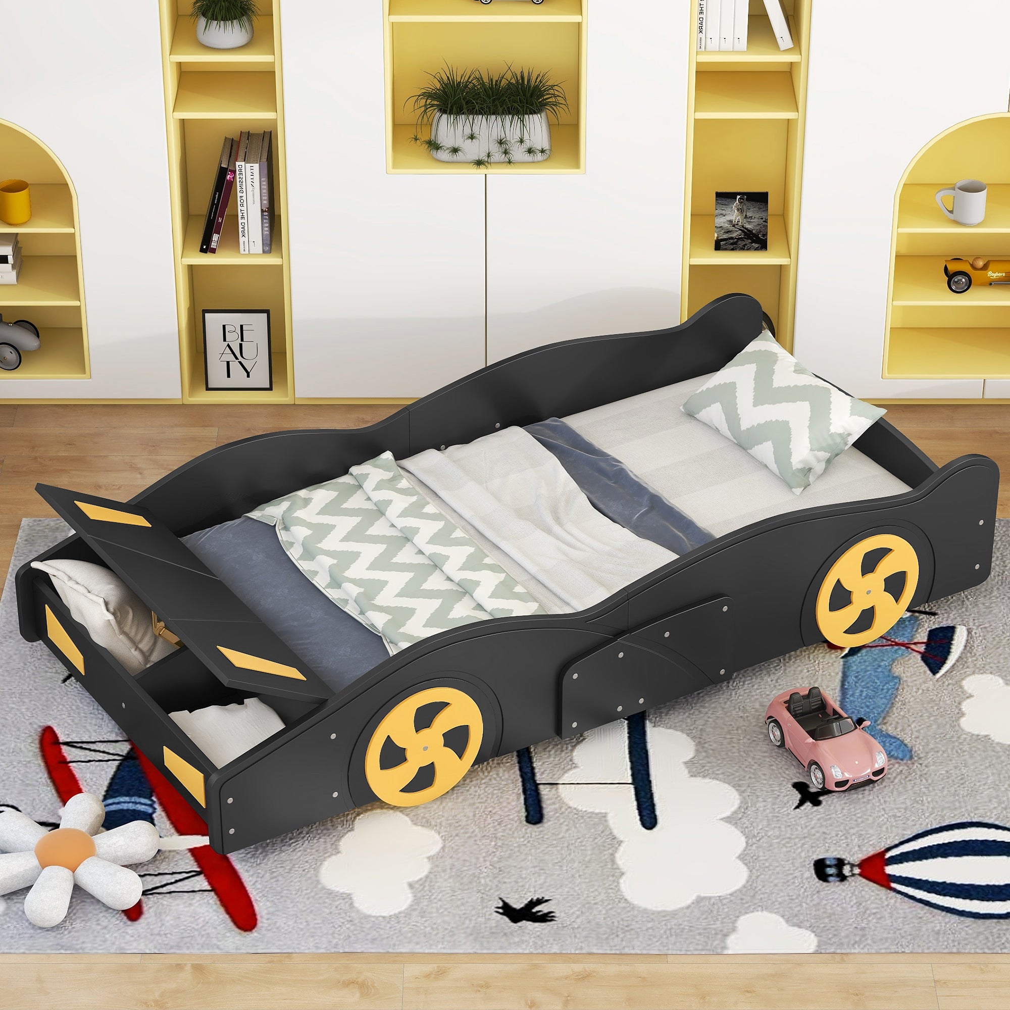 Twin Size Race Car Shaped Platform Bed With Wheels And Storage, Black Yellow Box Spring Not Required Twin Black Wood Bedroom Bed Frame Solid Wood Mdf