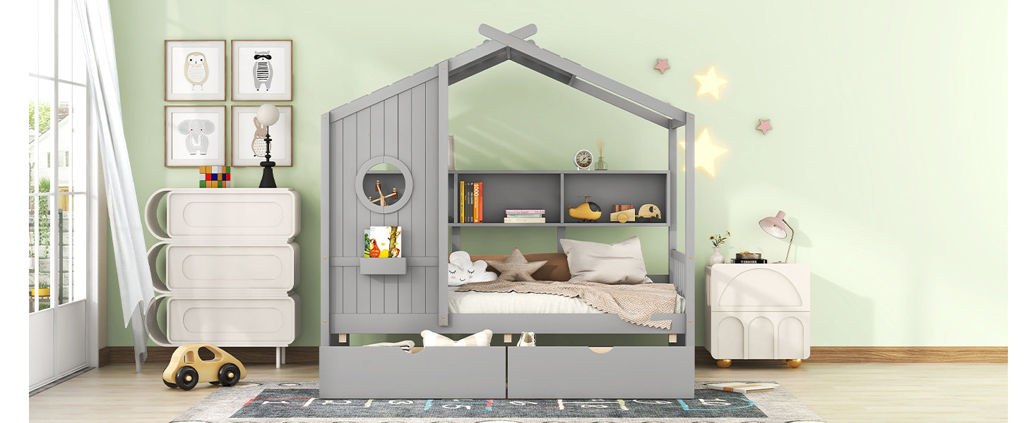 Wooden Twin Size House Bed With 2 Drawers,Kids Bed With Storage Shelf, Gray Twin Gray Solid Wood