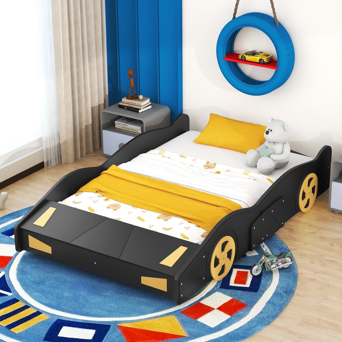 Full Size Race Car Shaped Platform Bed With Wheels And Storage, Black Yellow Box Spring Not Required Full Black Wood Bedroom Bed Frame Solid Wood Mdf