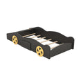 Twin Size Race Car Shaped Platform Bed With Wheels And Storage, Black Yellow Box Spring Not Required Twin Black Wood Bedroom Bed Frame Solid Wood Mdf