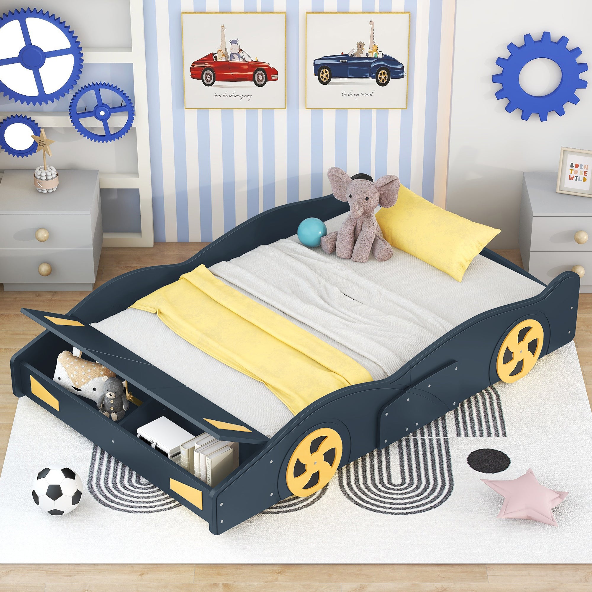 Full Size Race Car Shaped Platform Bed With Wheels And Storage, Dark Blue Yellow Box Spring Not Required Full Dark Blue Wood Bedroom Bed Frame Solid Wood Mdf