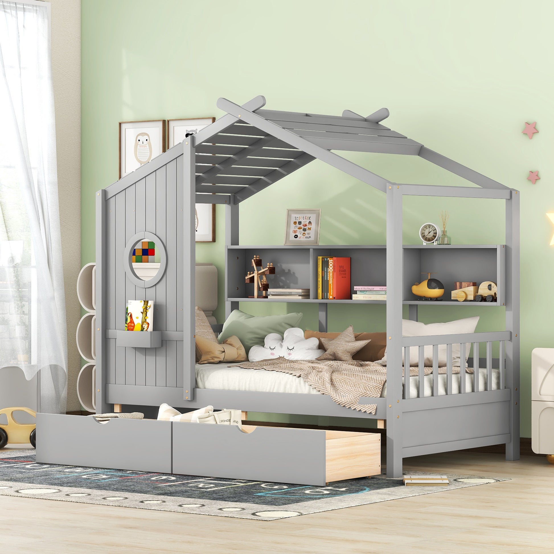 Wooden Twin Size House Bed With 2 Drawers,Kids Bed With Storage Shelf, Gray Twin Gray Solid Wood