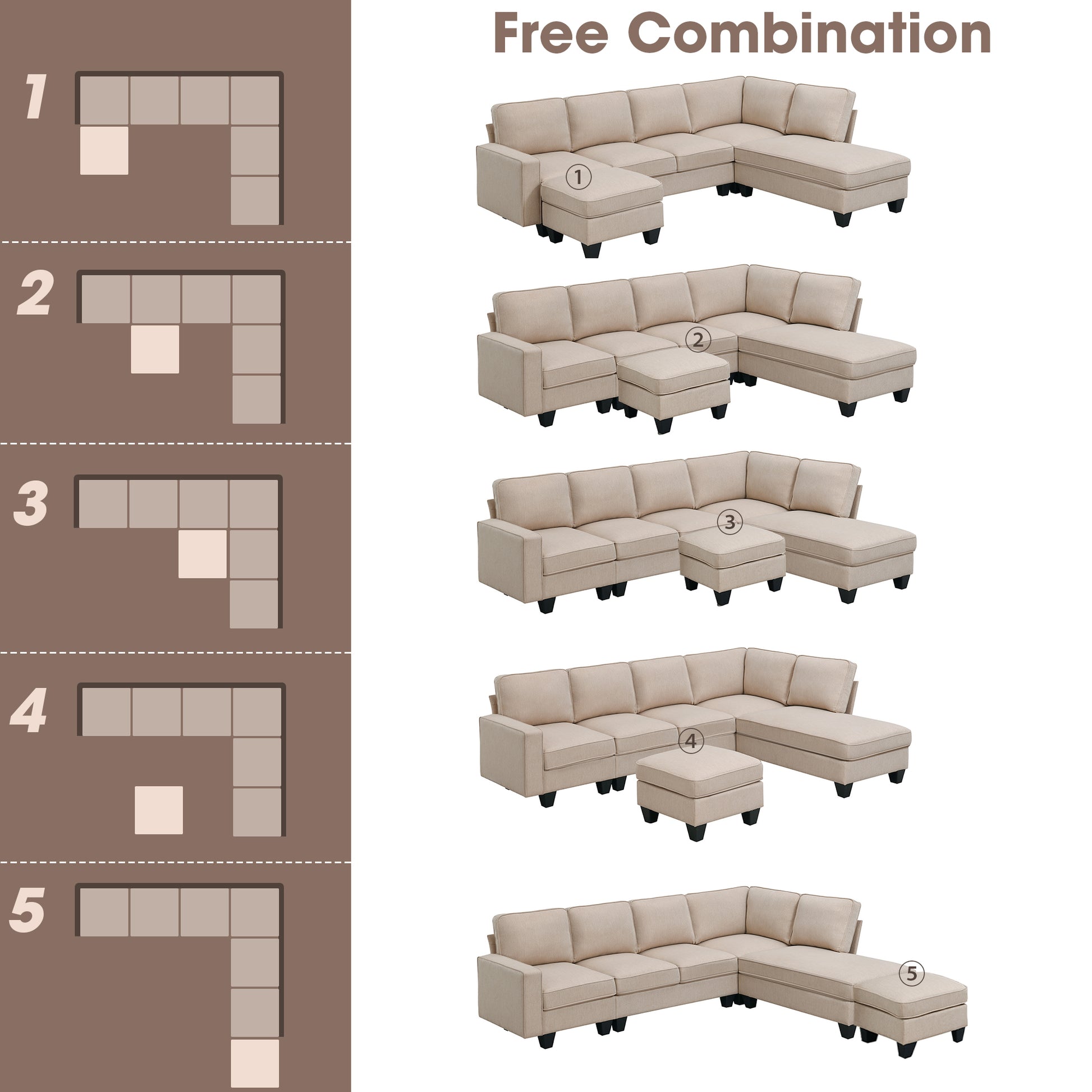 104.3*78.7" Modern L Shaped Sectional Sofa,7 Seat Linen Fabric Couch Set With Chaise Lounge And Convertible Ottoman For Living Room,Apartment,Office,3 Colors Khaki Fabric