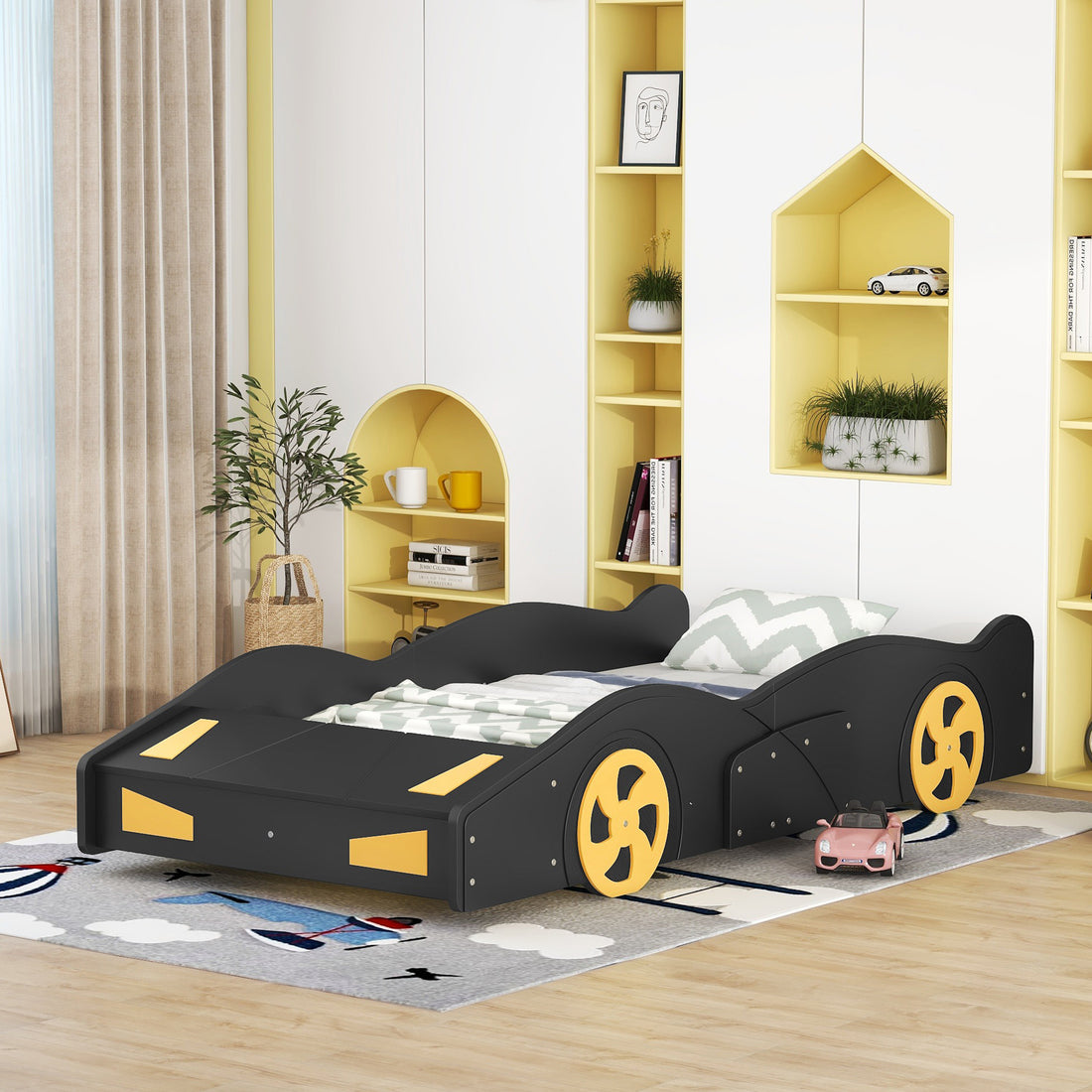 Twin Size Race Car Shaped Platform Bed With Wheels And Storage, Black Yellow Box Spring Not Required Twin Black Wood Bedroom Bed Frame Solid Wood Mdf