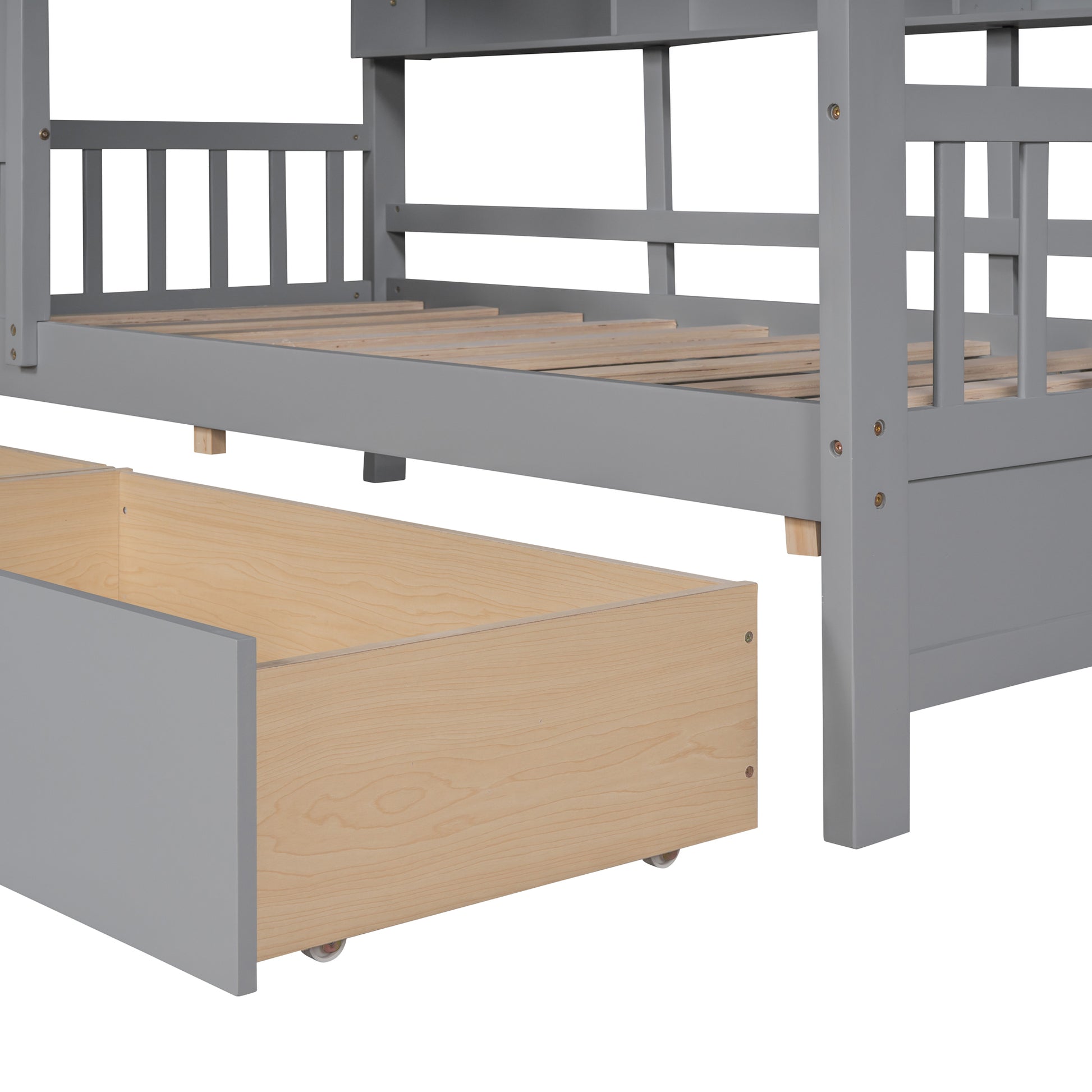 Wooden Twin Size House Bed With 2 Drawers,Kids Bed With Storage Shelf, Gray Twin Gray Solid Wood