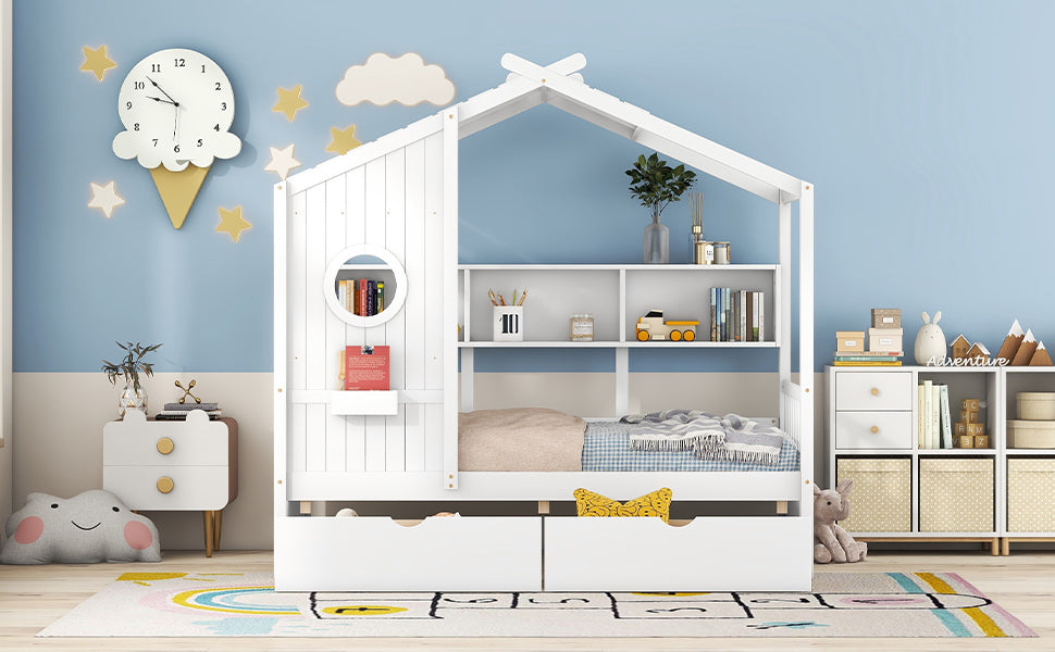 Wooden Twin Size House Bed With 2 Drawers,Kids Bed With Storage Shelf, White Twin White Solid Wood