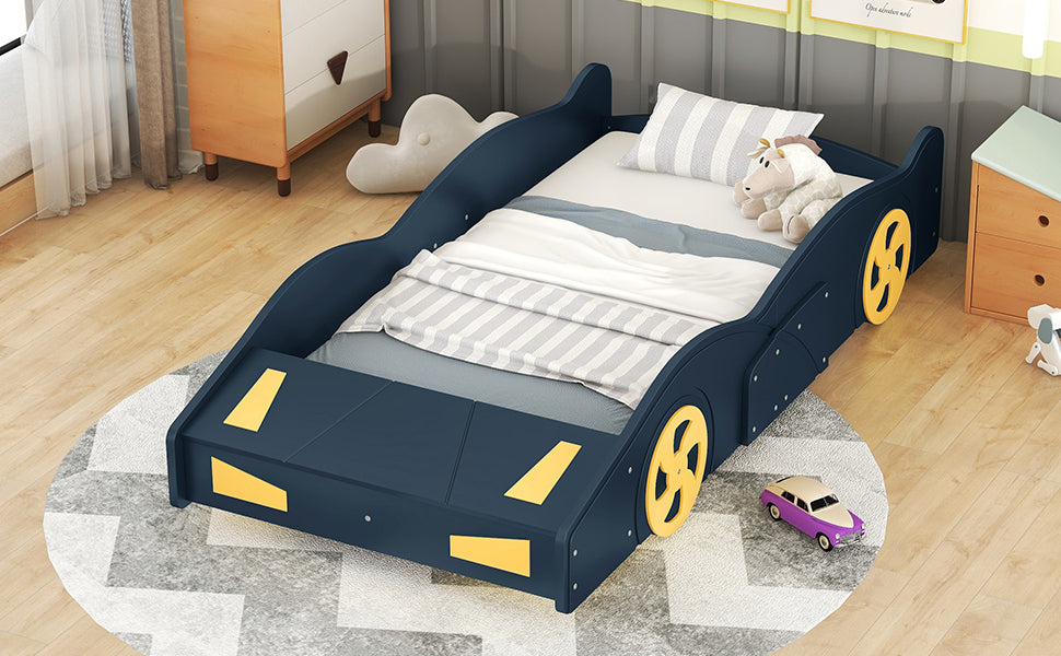 Twin Size Race Car Shaped Platform Bed With Wheels And Storage, Dark Blue Yellow Box Spring Not Required Twin Dark Blue Wood Bedroom Bed Frame Solid Wood Mdf