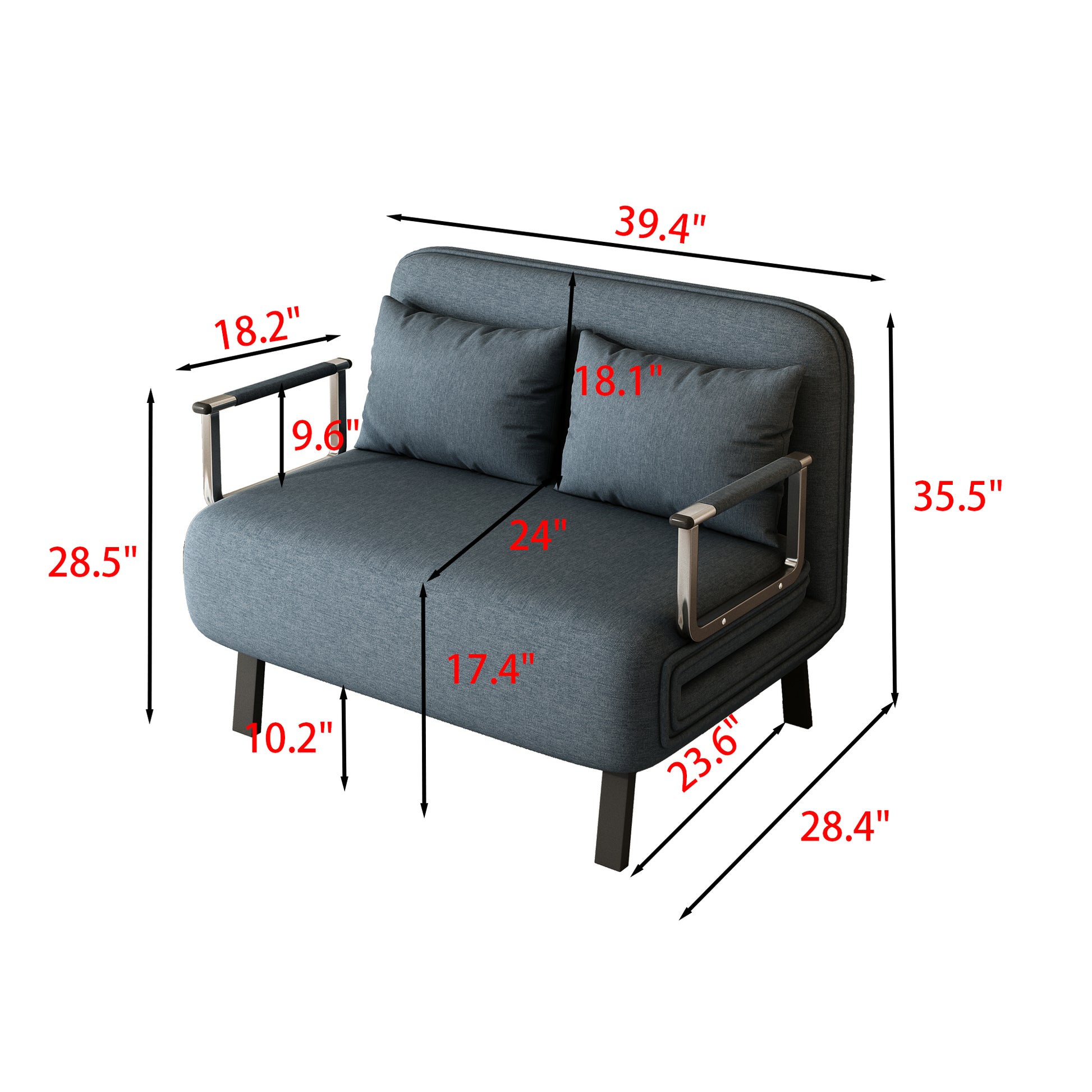 39 Convertible Chair Bed, Tri Fold Sofa Bed With Adjustable Backrest & Pillow, Leisure Chaise Lounge Couch With Sturdy Steel Frame For Home & Office, Comfortable Sleeper Chair Blue Grey Velvet Contemporary Polyurethane Foam Metal 2 Seat