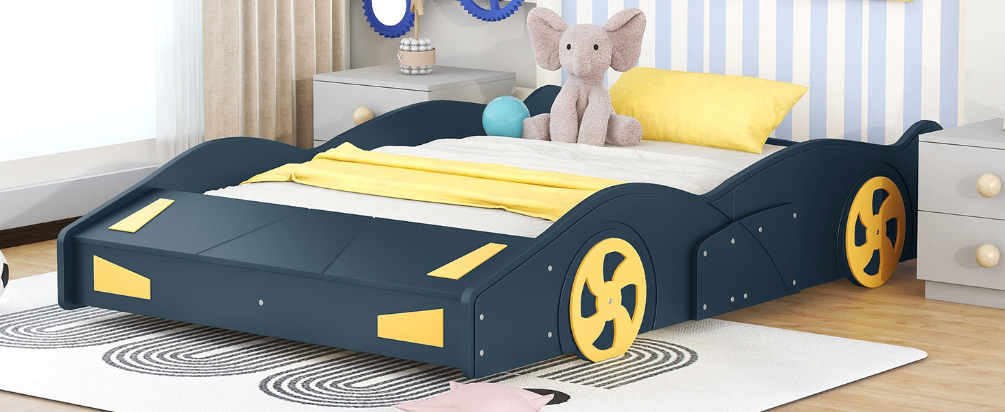 Full Size Race Car Shaped Platform Bed With Wheels And Storage, Dark Blue Yellow Box Spring Not Required Full Dark Blue Wood Bedroom Bed Frame Solid Wood Mdf