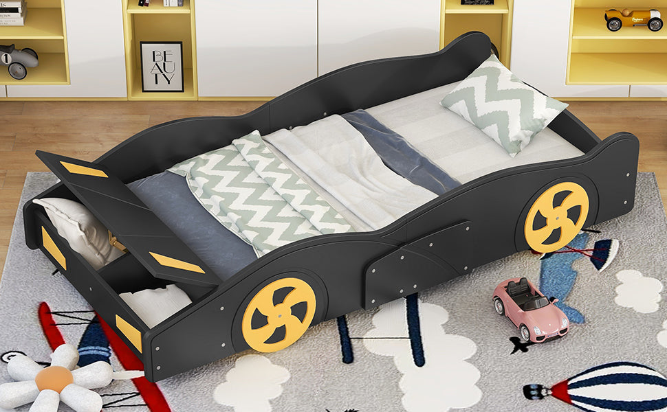 Twin Size Race Car Shaped Platform Bed With Wheels And Storage, Black Yellow Box Spring Not Required Twin Black Wood Bedroom Bed Frame Solid Wood Mdf