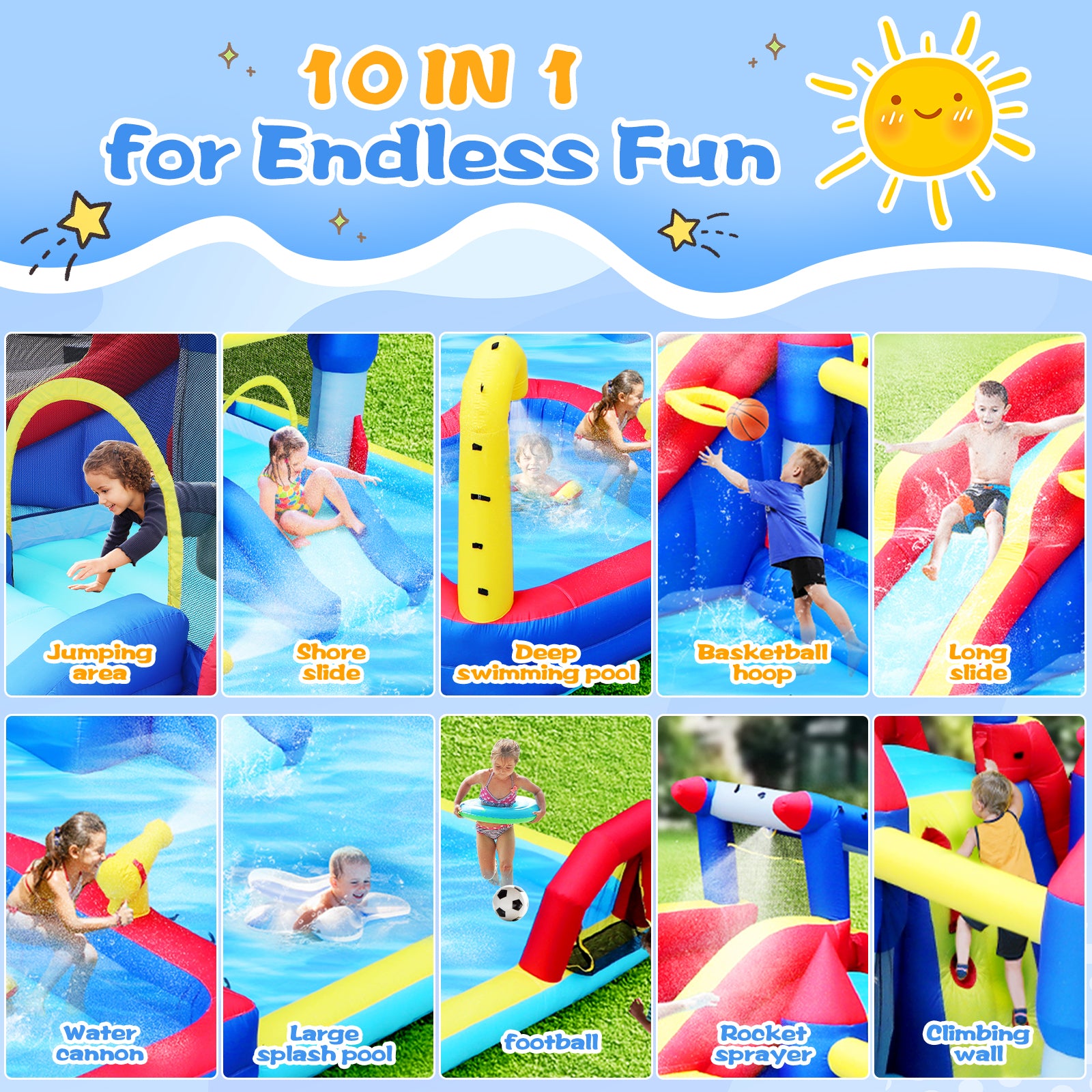 10 In1 Inflatable Slide Water Park Bouncing House Garden With Splash Pool & Water& Basketball & Climbing Wall & Dual Pools & Soccer Multicolor Oxford Fabric