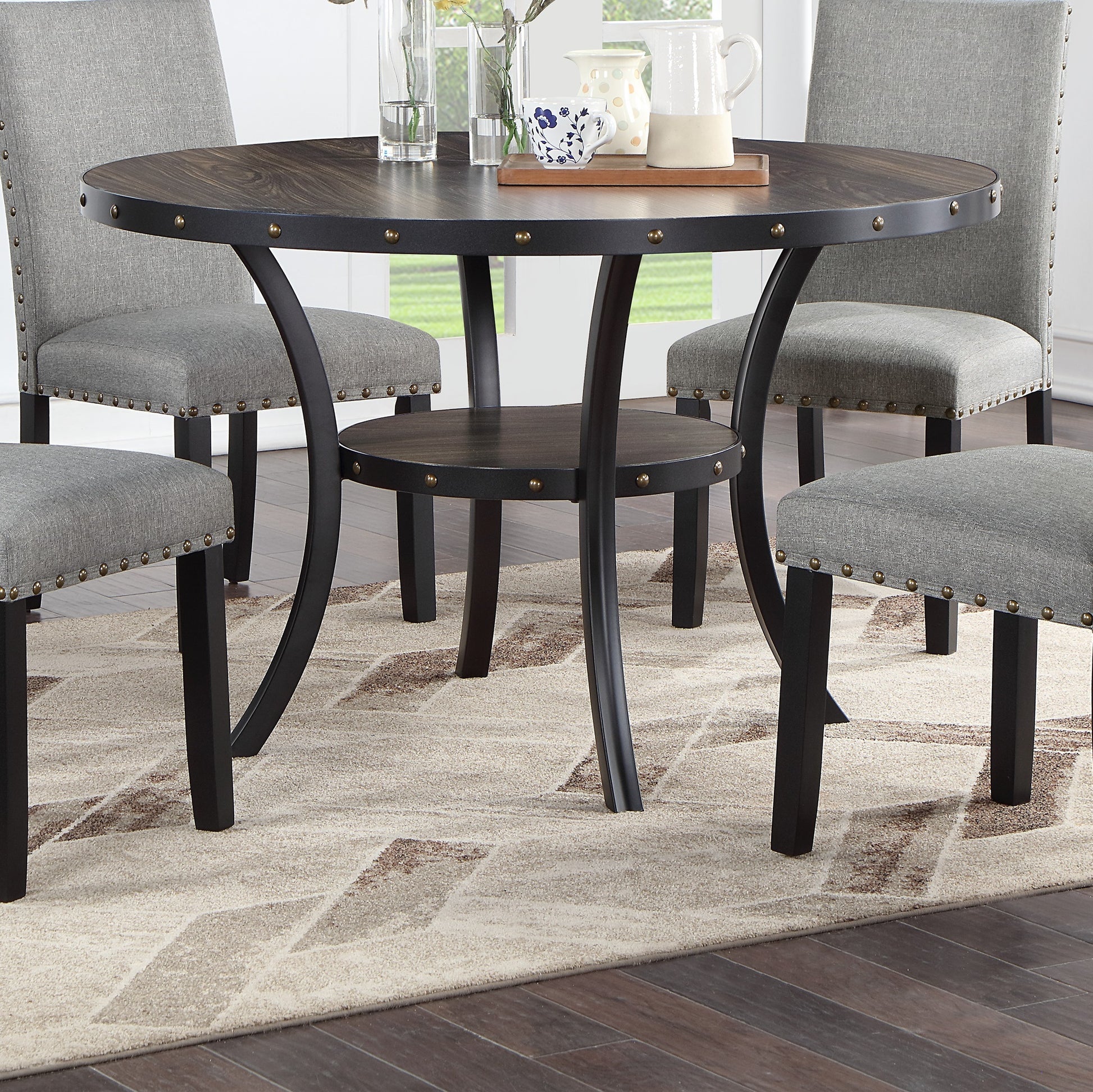 Modern Classic Dining Room Furniture Natural Wooden Round Dining Table 4X Side Chairs Gray Fabric Nail Heads Trim And Storage Shelve 5Pc Dining Set Wood Dining Room Rubberwood Round Dining Table With Chair Upholstered Chair Wood Gray Solid Back Seats 4