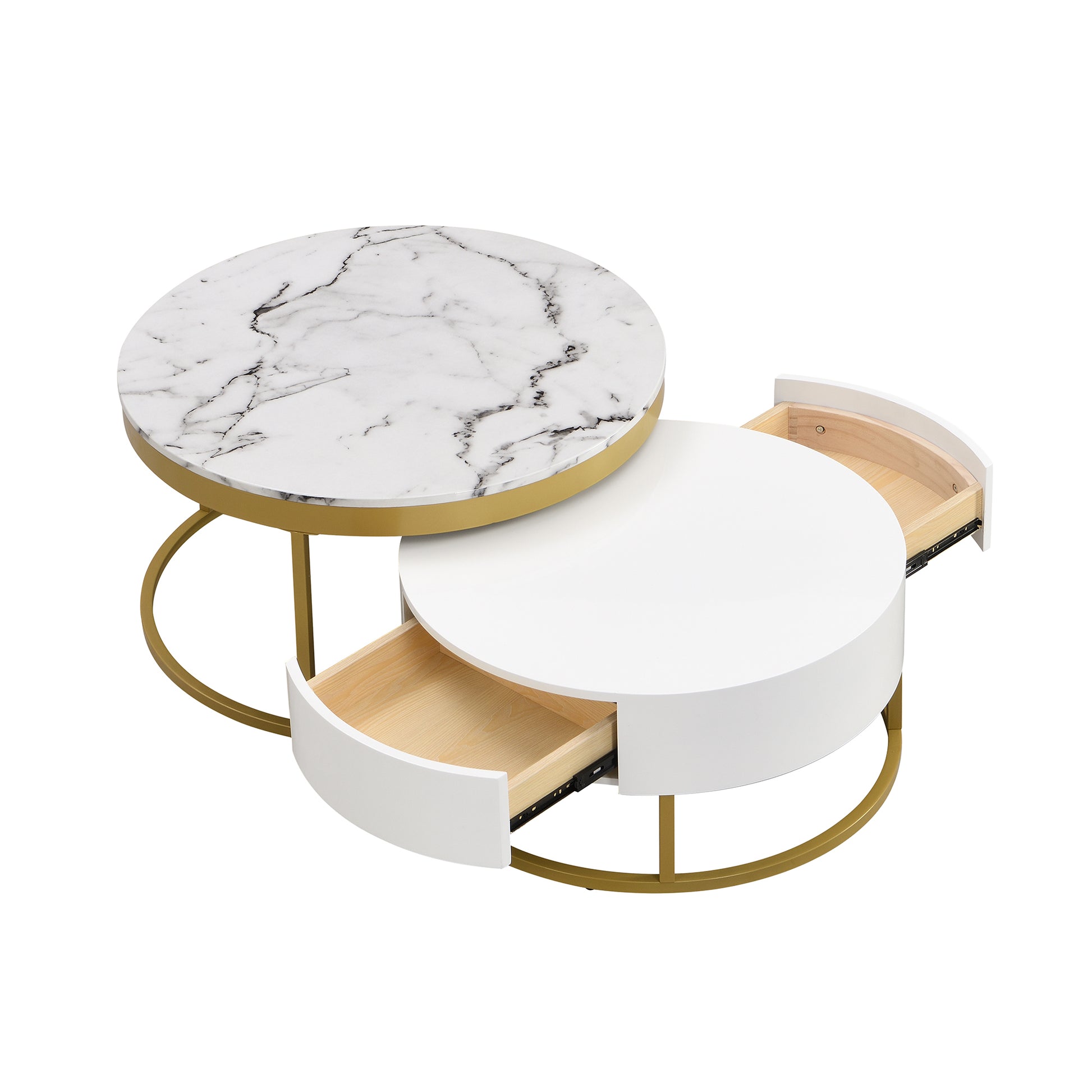 Modern Round Nesting Coffee Table With Drawers In White Golden White Mdf