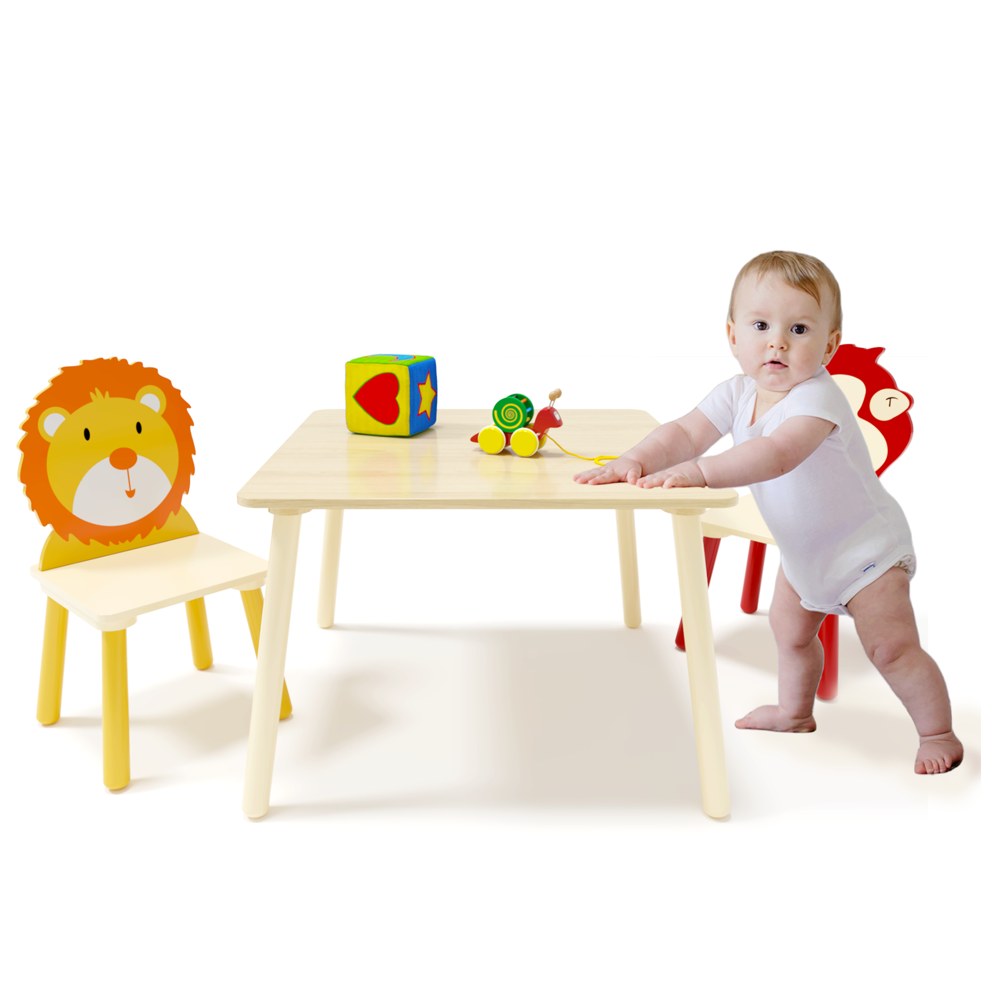 Kids Table And 2 Chairs Set, 3 Pieces Toddler Table And Chair Set, Wooden Activity Play Table Set Lion&Monkey Natural Solid Wood Mdf