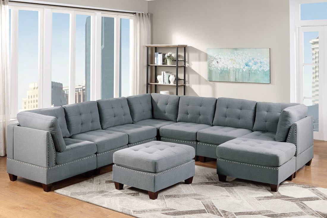 Modular Sectional 9Pc Set Living Room Furniture Corner Sectional Tufted Nail Heads Couch Gray Linen Like Fabric 3X Corner Wedge 4X Armless Chairs And 2X Ottomans Gray Primary Living Space Contemporary,Modern Fabric 9 Seat