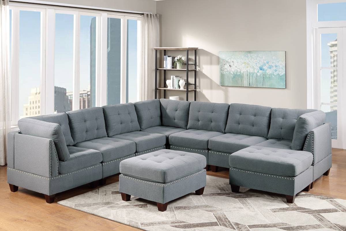 Living Room Furniture Tufted Ottoman Grey Linen Like Fabric 1Pc Ottoman Cushion Nail Heads Wooden Legs Grey Linen Primary Living Space Grey Contemporary,Modern Tufted Fabric
