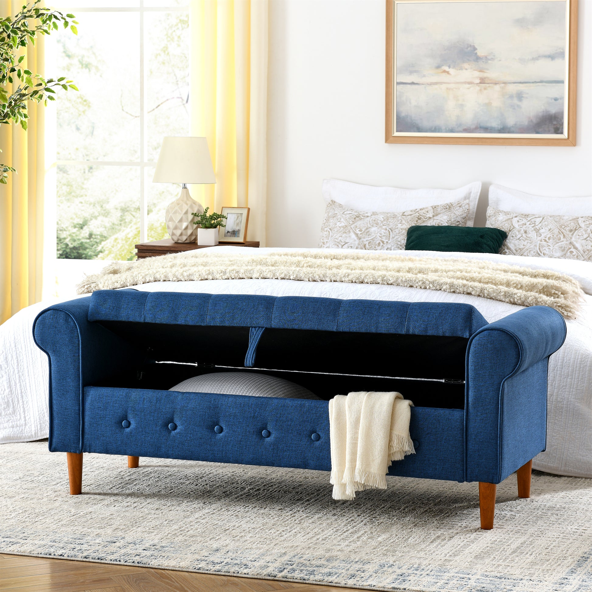 62" Bedroom Tufted Button Storage Bench, Modern Fabric Upholstered Ottoman, Window Bench, Rolled Arm Design For Bedroom, Living Room, Foyer Blue Blue Light Brown Primary Living Space American Design,Luxury Eucalyptus Foam Fabric