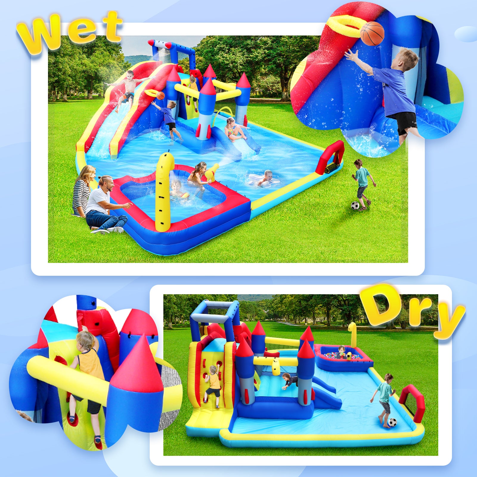 10 In1 Inflatable Slide Water Park Bouncing House Garden With Splash Pool & Water& Basketball & Climbing Wall & Dual Pools & Soccer Multicolor Oxford Fabric