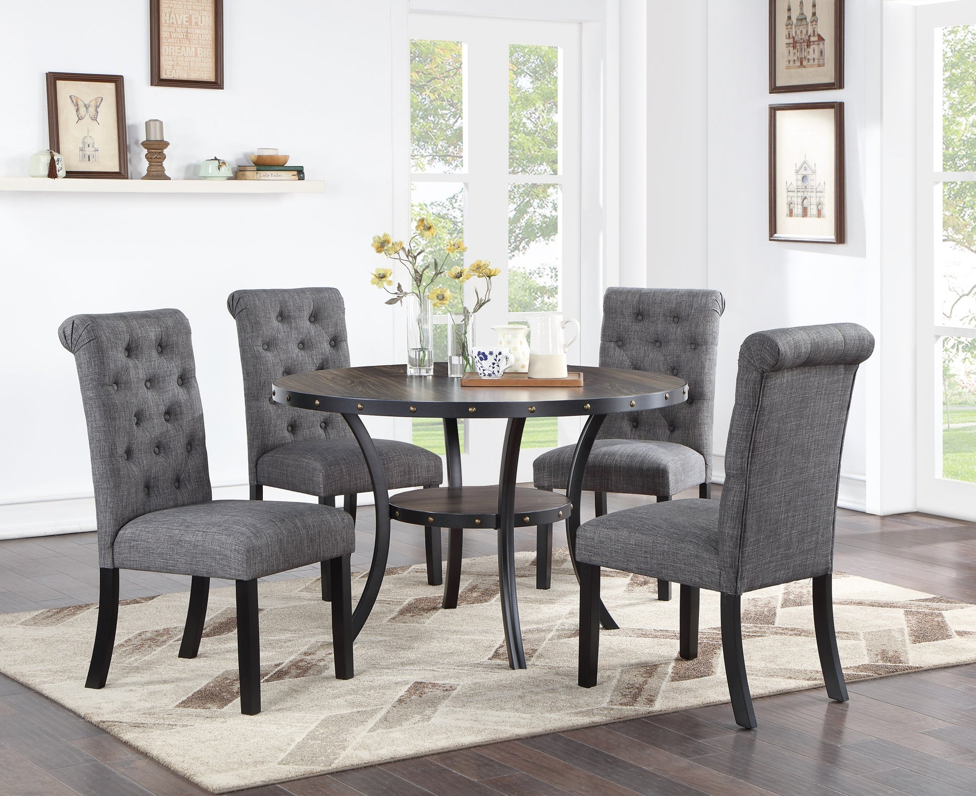 Modern Classic Dining Room Furniture Natural Wood Round Dining Table 4X Side Chairs Charcoal Fabric Tufted Roll Back Top Chair Storage Shelve 5Pc Dining Set Wood Dining Room Rubberwood Round Dining Table With Chair Upholstered Chair Wood Charcoal Grey