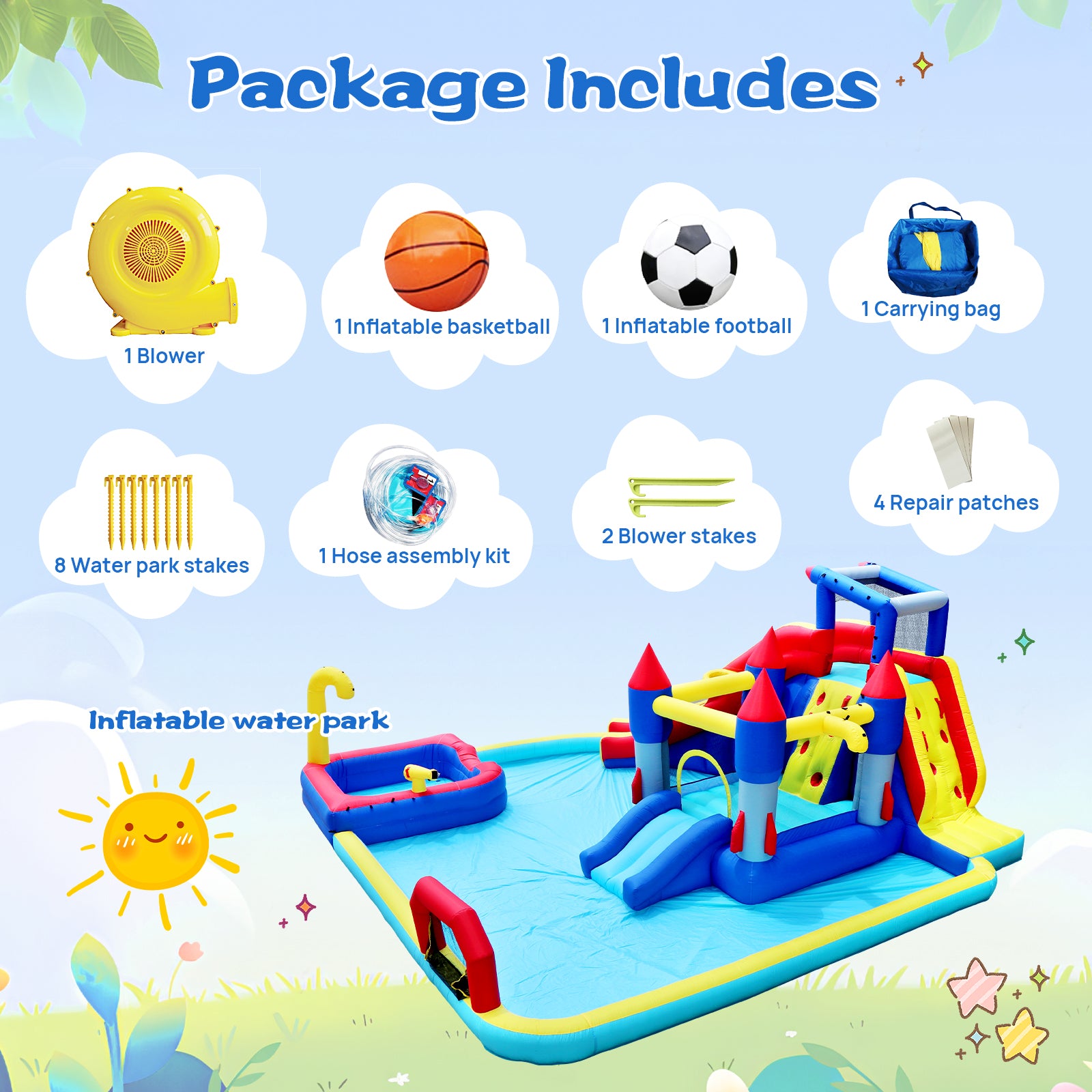 10 In1 Inflatable Slide Water Park Bouncing House Garden With Splash Pool & Water& Basketball & Climbing Wall & Dual Pools & Soccer Multicolor Oxford Fabric