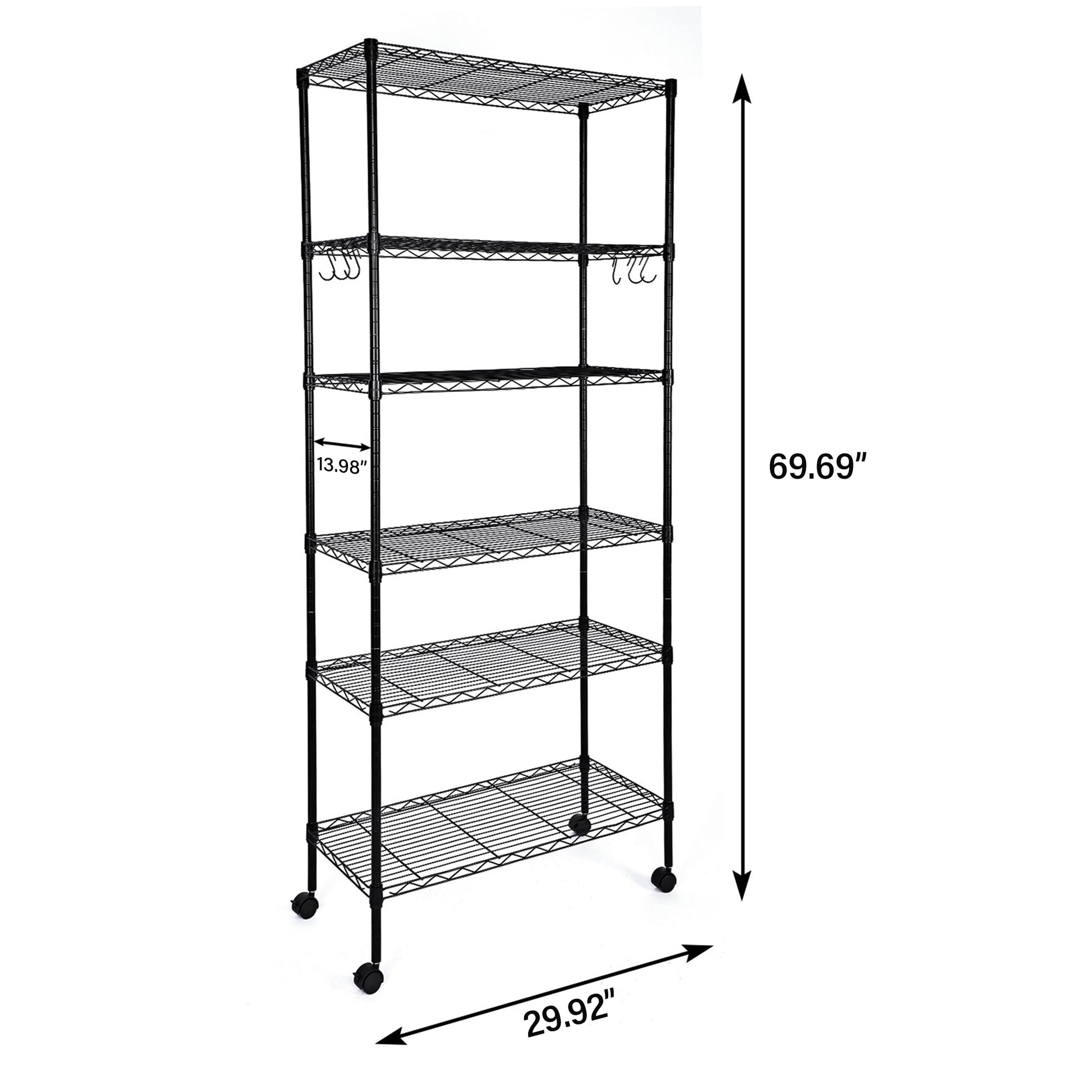 Yssoa Heavy Duty 6 Shelf Shelving With Wheels, With Hanging Hooks, Wire Shelving, Adjustable Storage Units, 17'' D X 11'' W X 63'' H, 6 Tier, Black Black Aluminum