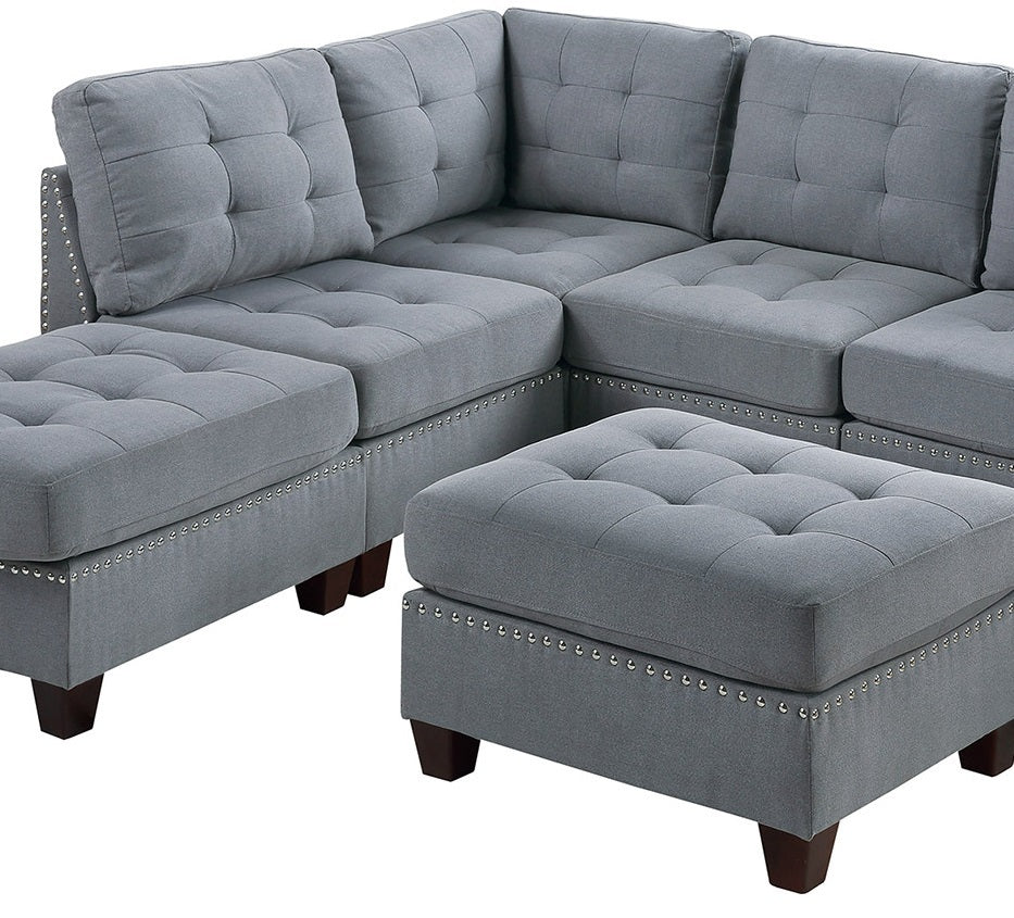 Contemporary Modular Sectional 7Pc Set Living Room Furniture Corner L Sectional Gray Linen Like Fabric Tufted Nail Heads 2X Corner Wedge 3X Armless Chair And 2X Ottoman Gray Linen Primary Living Space Tufted Back Contemporary,Modern Modular Fabric 7 Seat