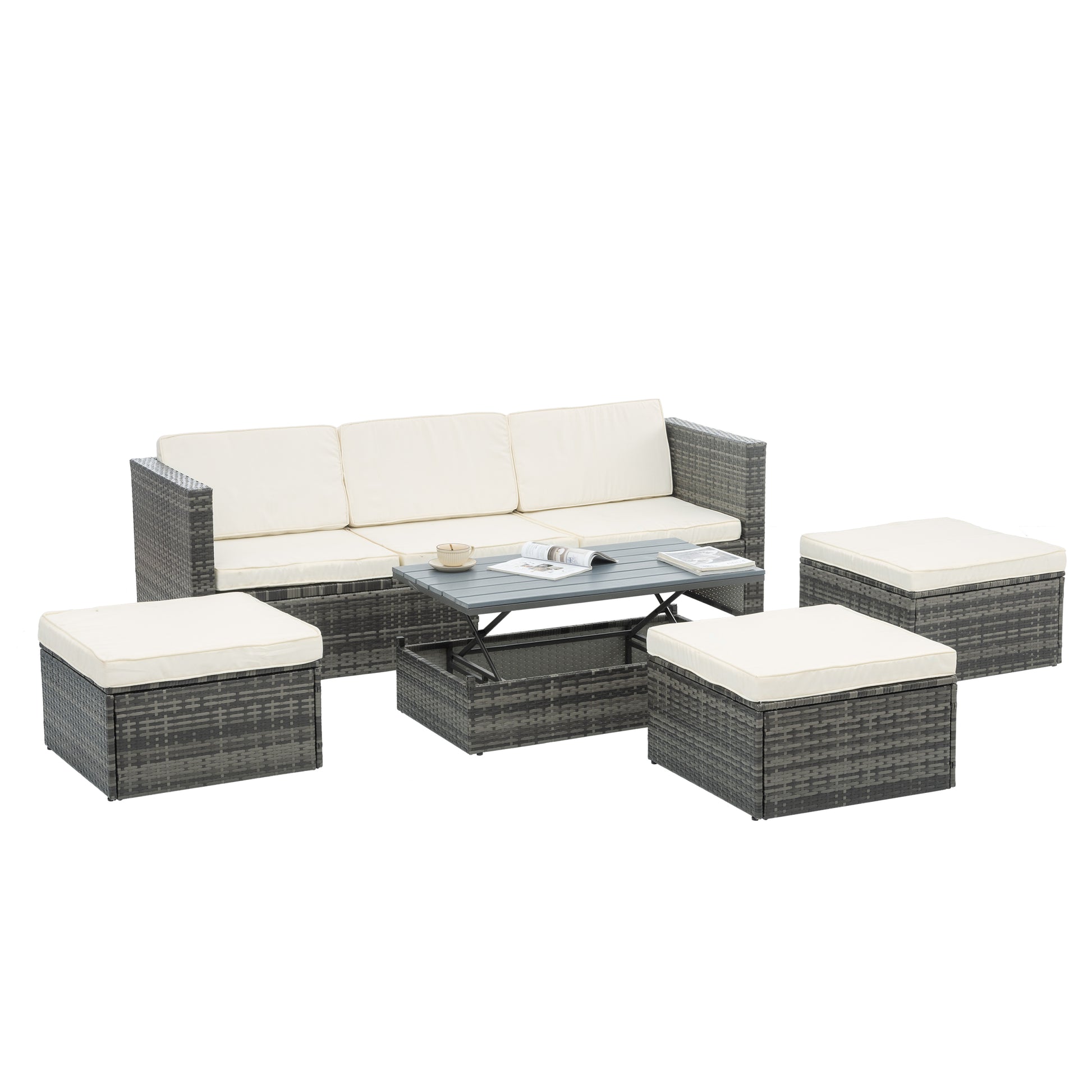 Patio Furniture, Outdoor Furniture, Seasonal Pe Wicker Furniture,5 Set Wicker Furniture With Plywood Coffee Table,With Lift Top Coffee Table,With Lounger Sofa Dark Gray Pe Rattan Iron Waterproof Fabric