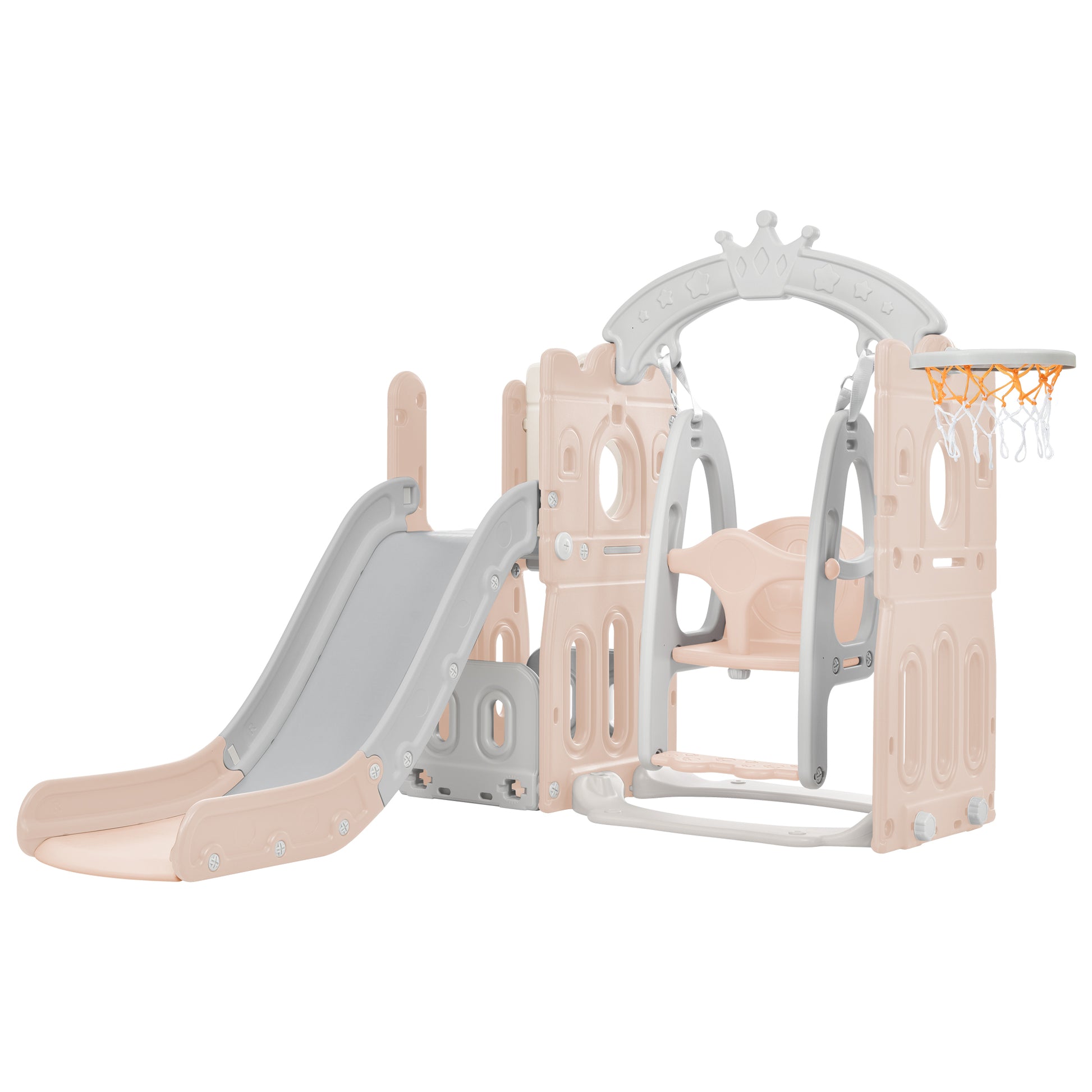 Toddler Slide And Swing Set 5 In 1, Kids Playground Climber Slide Playset With Basketball Hoop Freestanding Combination For Babies Indoor & Outdoor Pink Hdpe