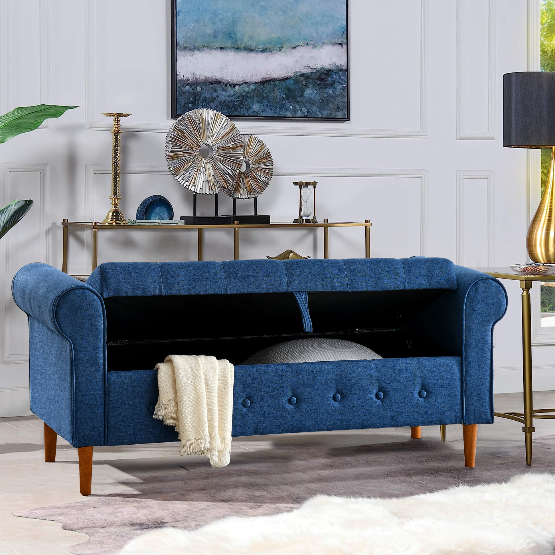 62" Bedroom Tufted Button Storage Bench, Modern Fabric Upholstered Ottoman, Window Bench, Rolled Arm Design For Bedroom, Living Room, Foyer Blue Blue Light Brown Primary Living Space American Design,Luxury Eucalyptus Foam Fabric