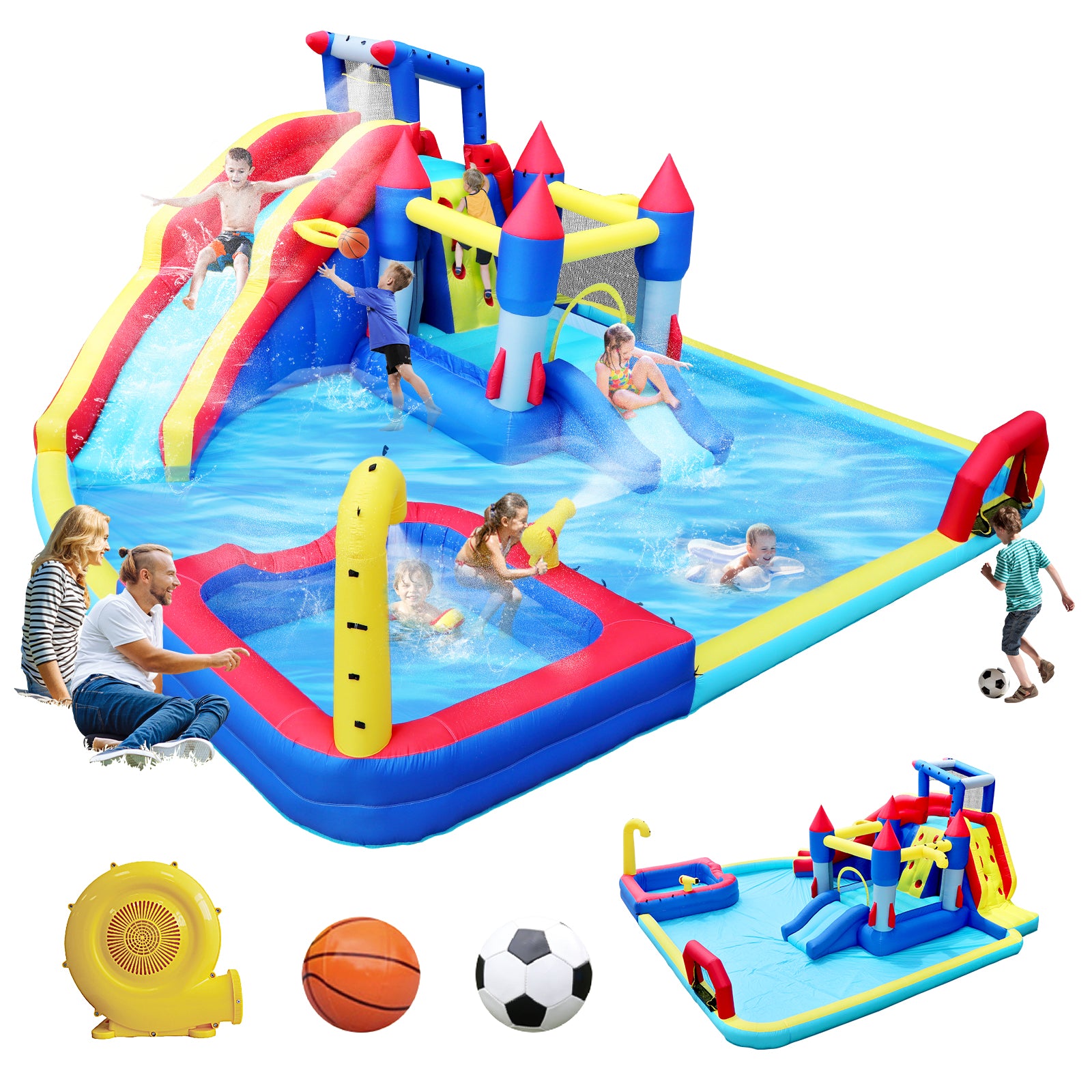 10 In1 Inflatable Slide Water Park Bouncing House Garden With Splash Pool & Water& Basketball & Climbing Wall & Dual Pools & Soccer Multicolor Oxford Fabric