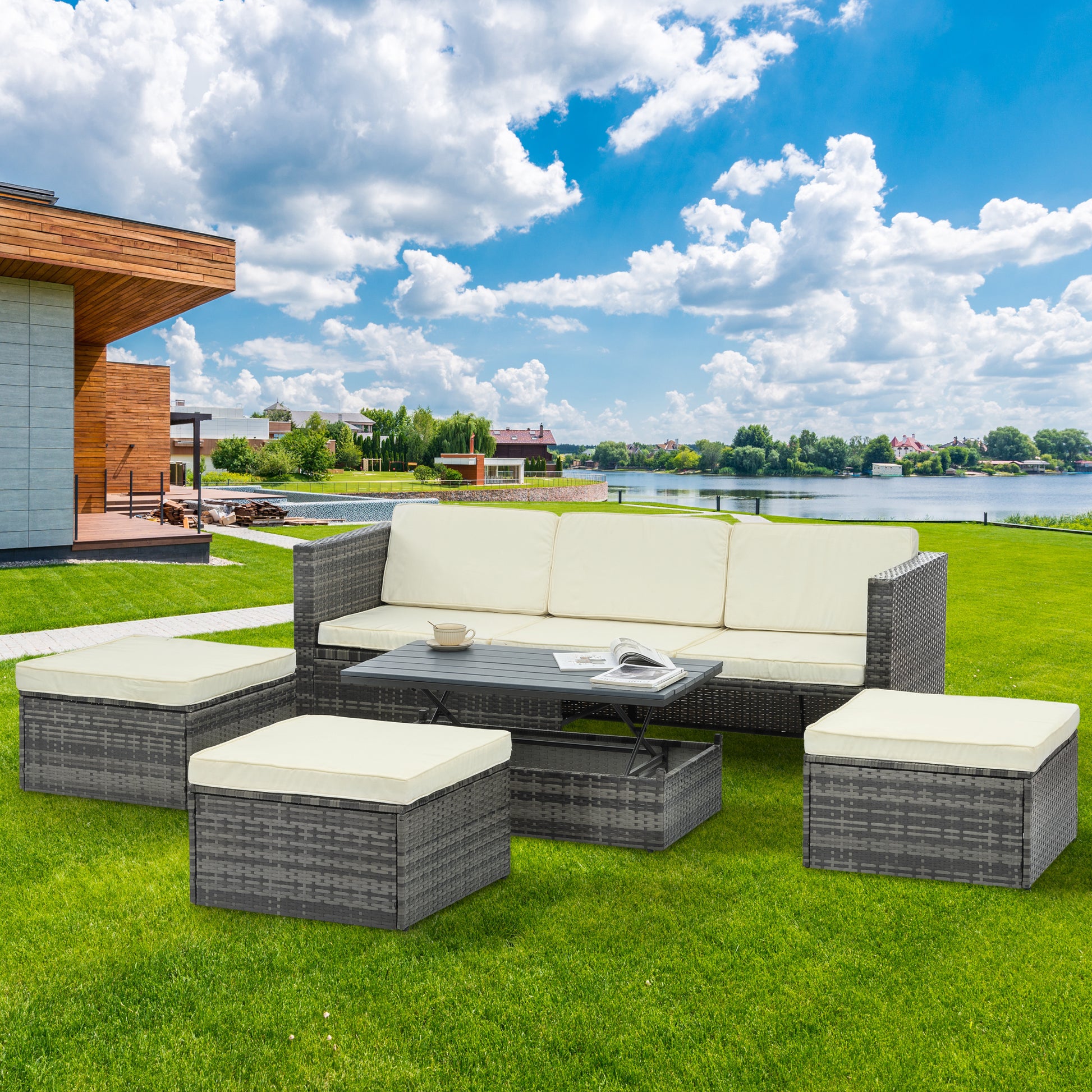 Patio Furniture, Outdoor Furniture, Seasonal Pe Wicker Furniture,5 Set Wicker Furniture With Plywood Coffee Table,With Lift Top Coffee Table,With Lounger Sofa Dark Gray Pe Rattan Iron Waterproof Fabric