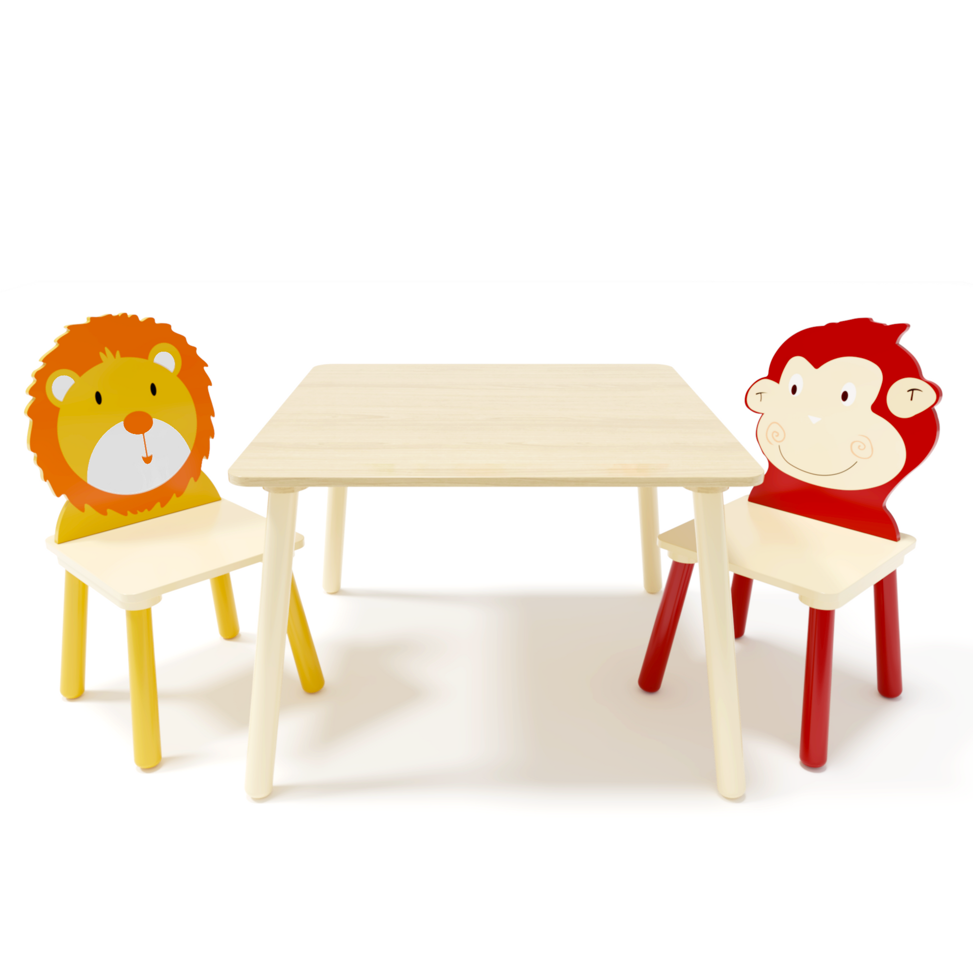 Kids Table And 2 Chairs Set, 3 Pieces Toddler Table And Chair Set, Wooden Activity Play Table Set Lion&Monkey Natural Solid Wood Mdf