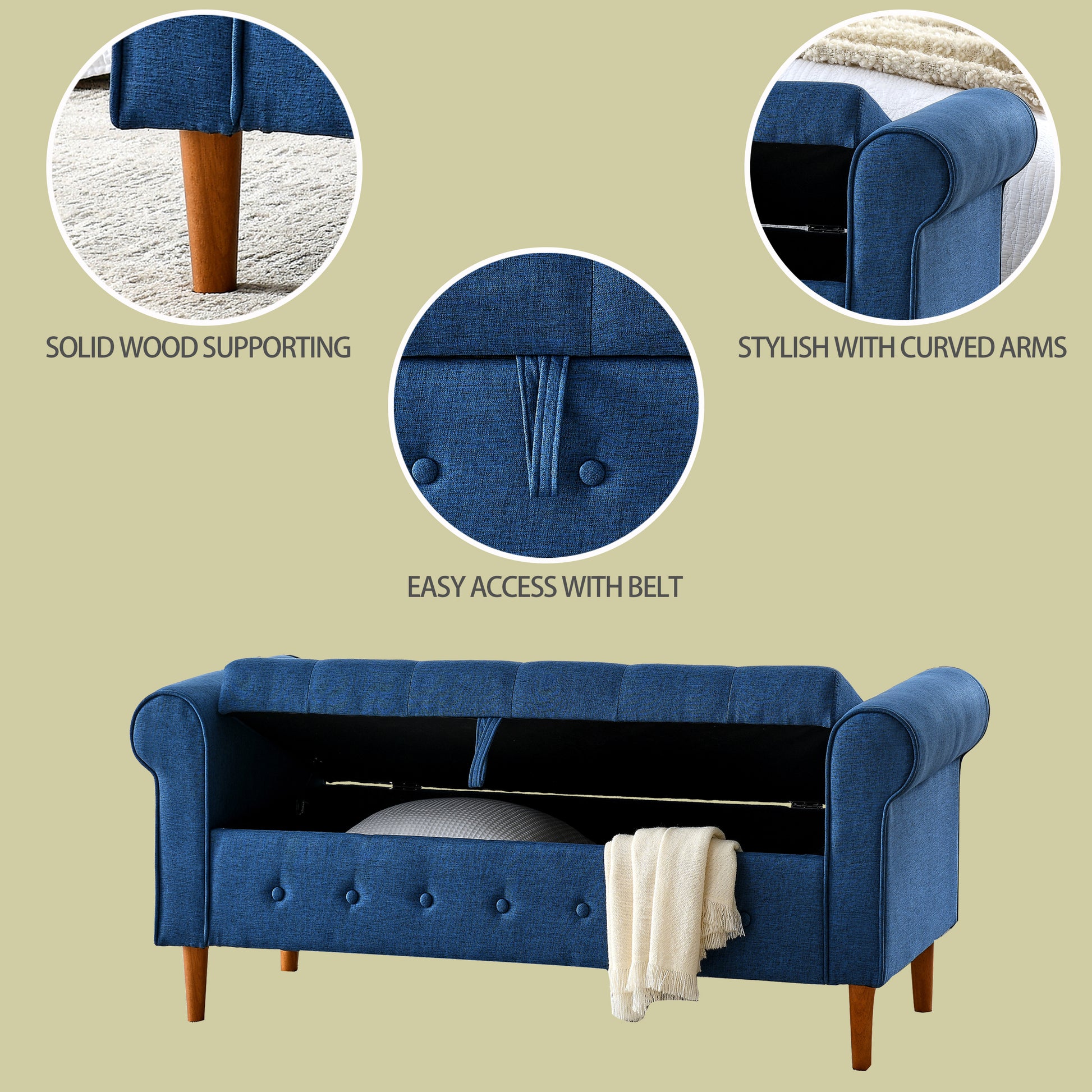 62" Bedroom Tufted Button Storage Bench, Modern Fabric Upholstered Ottoman, Window Bench, Rolled Arm Design For Bedroom, Living Room, Foyer Blue Blue Light Brown Primary Living Space American Design,Luxury Eucalyptus Foam Fabric