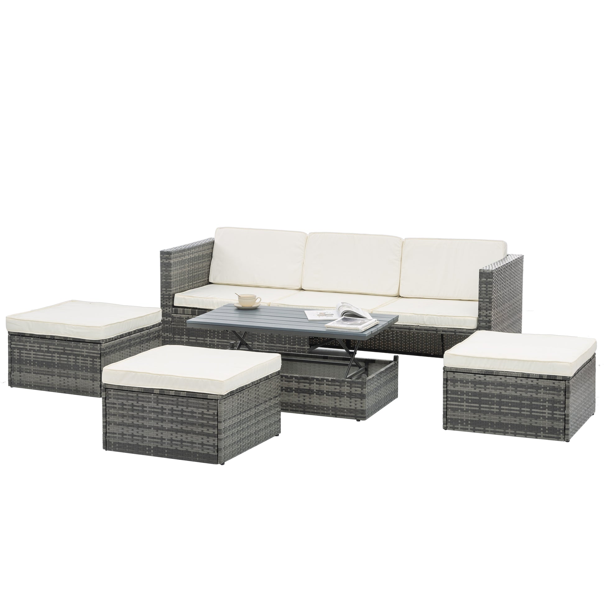 Patio Furniture, Outdoor Furniture, Seasonal Pe Wicker Furniture,5 Set Wicker Furniture With Plywood Coffee Table,With Lift Top Coffee Table,With Lounger Sofa Dark Gray Pe Rattan Iron Waterproof Fabric