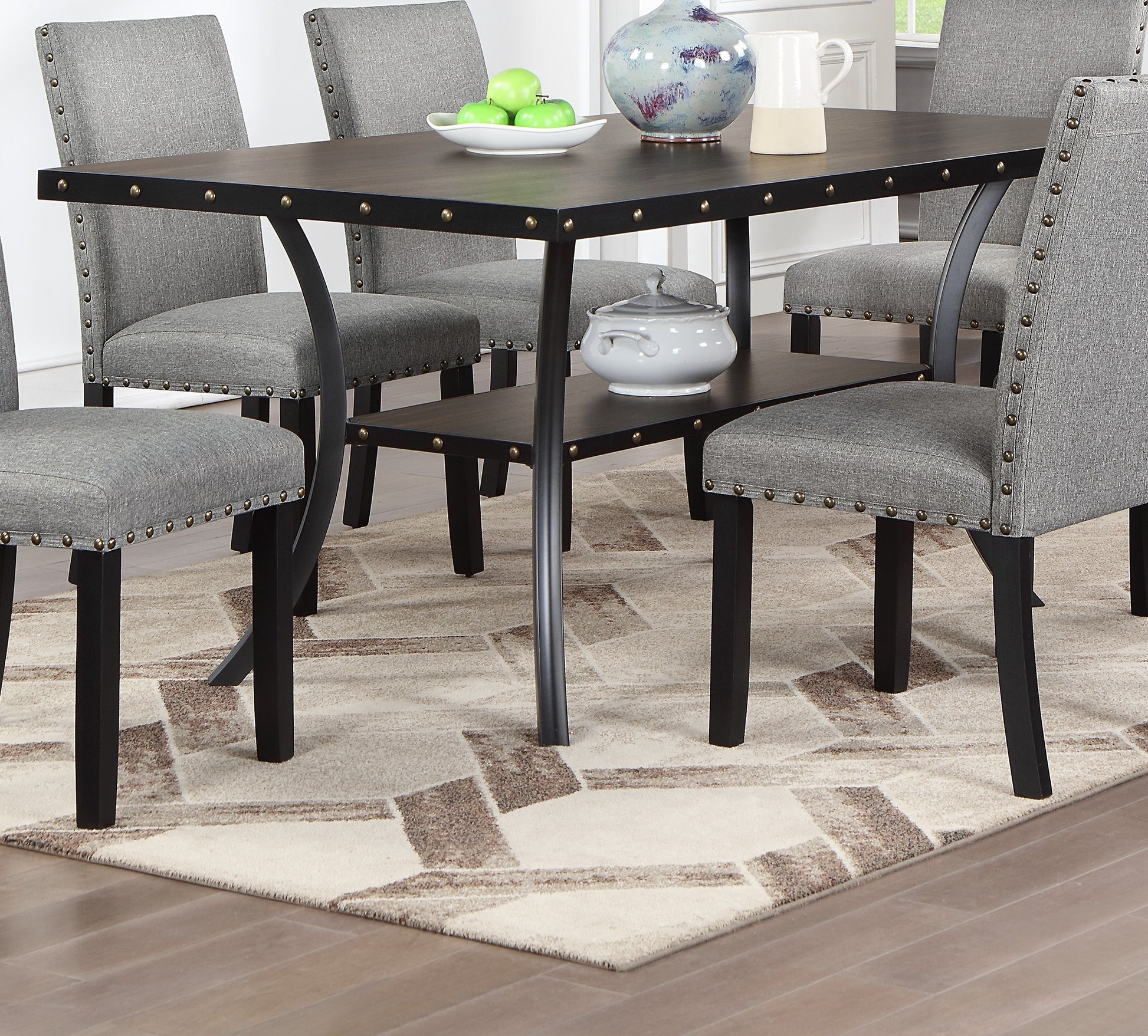 Modern Classic Dining Room Furniture Natural Wooden Rectangle Top Dining Table 6X Side Chairs Gray Fabric Nail Heads Trim And Storage Shelve 7Pc Dining Set Wood Dining Room Rubberwood Rectangular Dining Table With Chair Upholstered Chair Wood Gray Solid