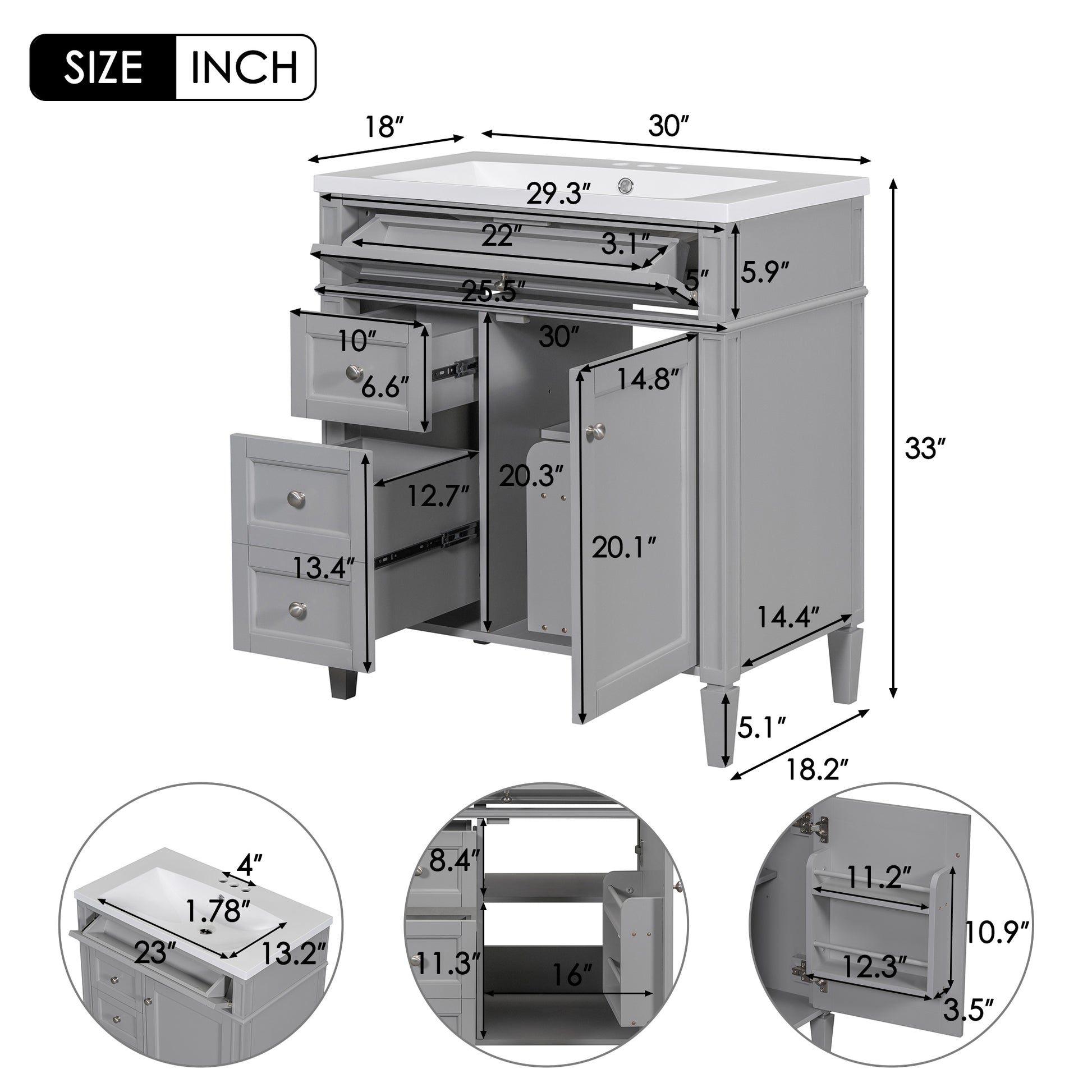 30'' Bathroom Vanity With Top Sink, Modern Bathroom Storage Cabinet With 2 Drawers And A Tip Out Drawer, Single Sink Bathroom Vanity Grey Mdf